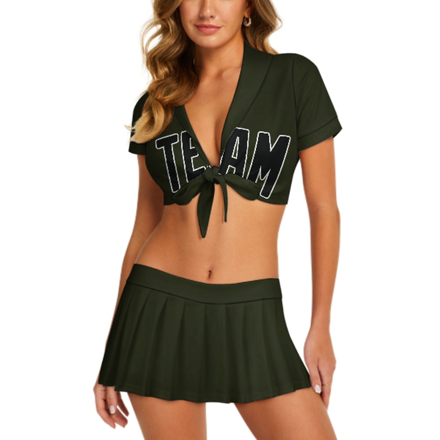 Maßgeschneidertes Dunkles Oliv Schwarz Cheerleader Outfit Set