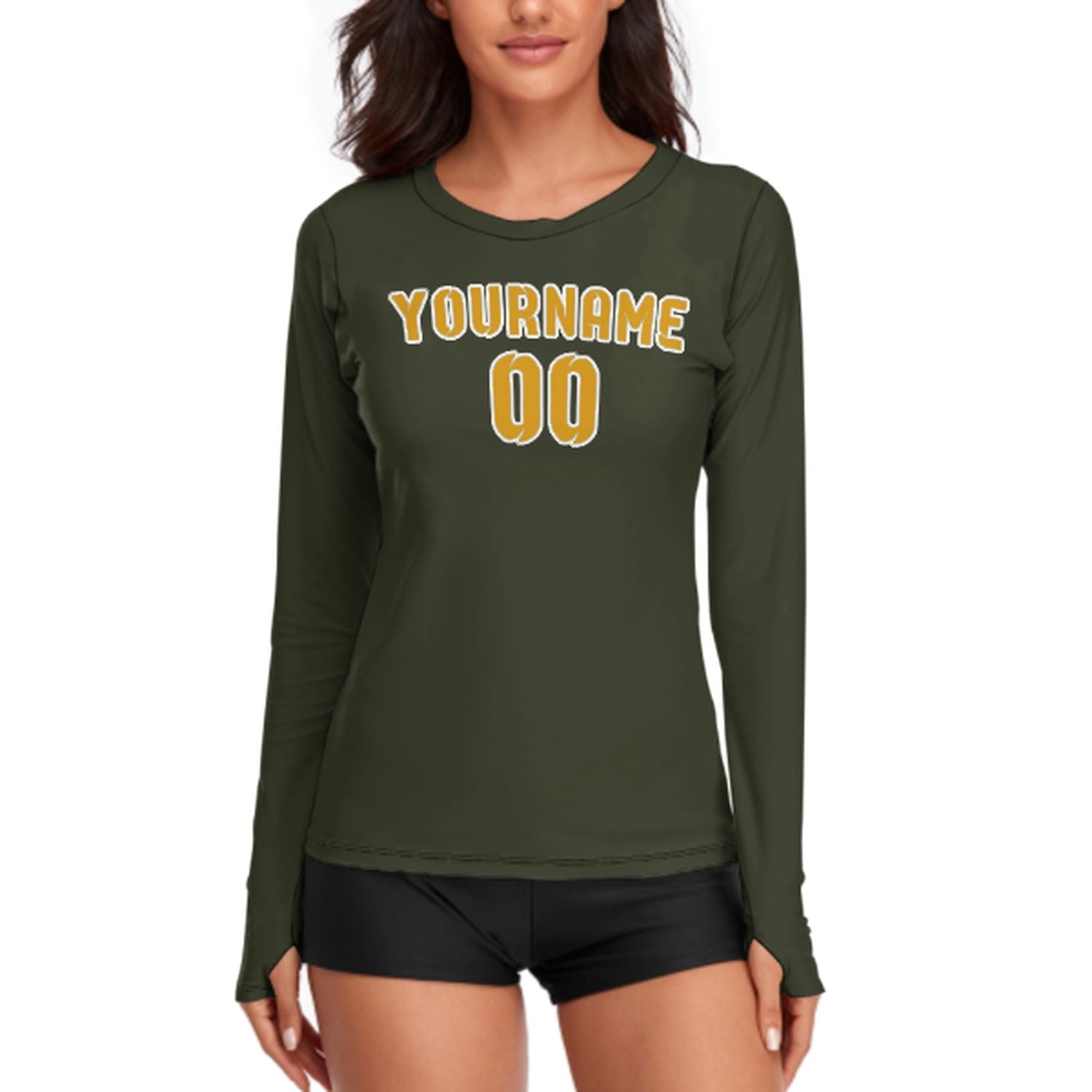 Maßgeschneidertes Dunkles Oliv Gelb Damen Langarmshirt