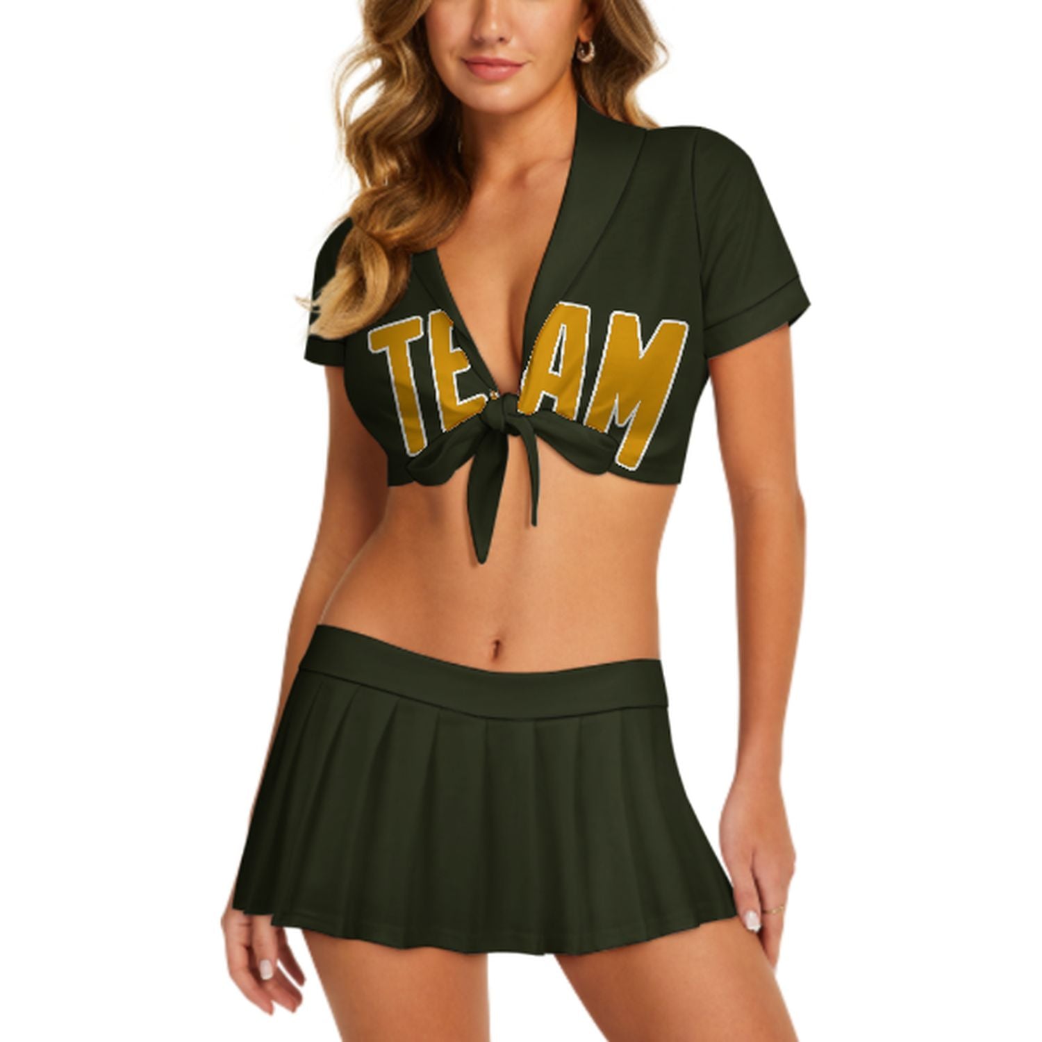 Maßgeschneidertes Dunkles Oliv Gelb Cheerleader Outfit Set
