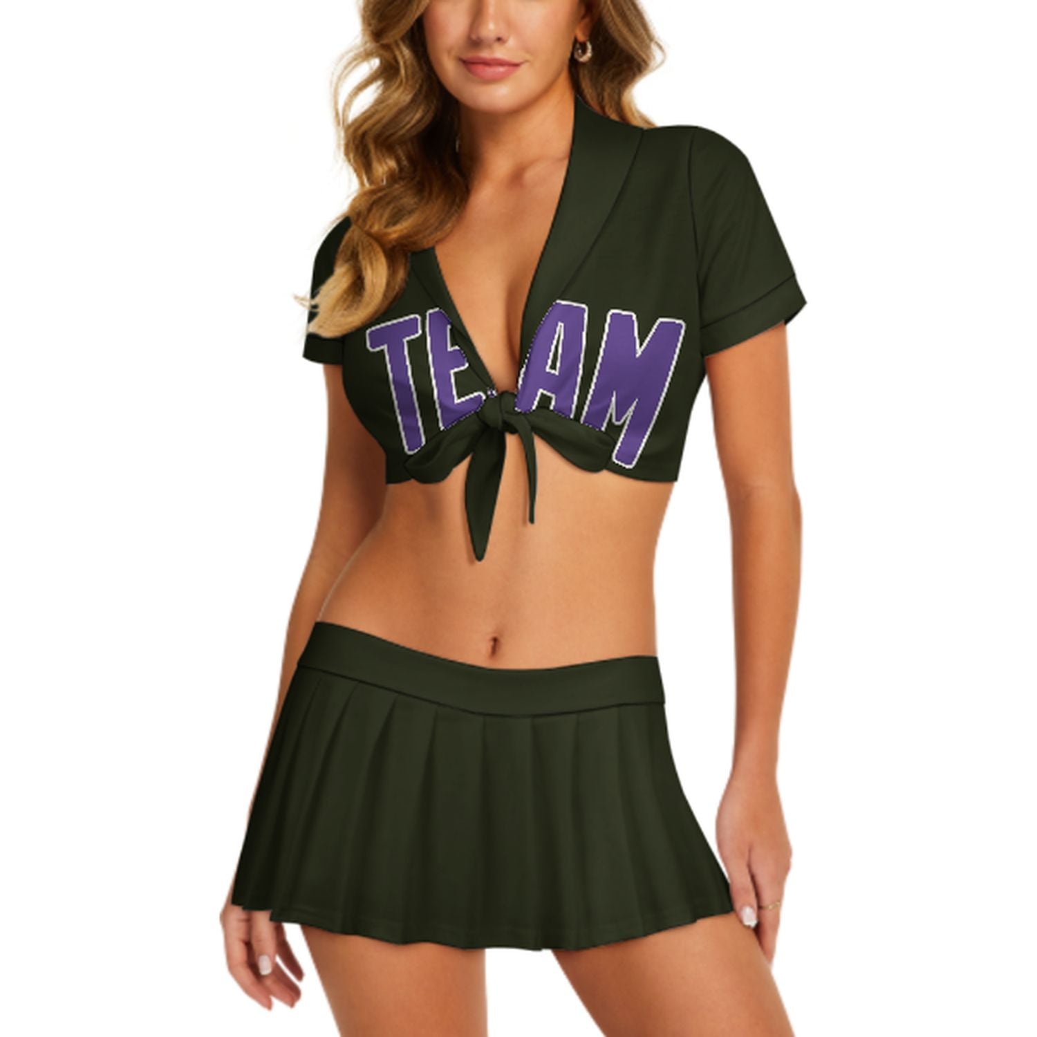 Maßgeschneidertes Dunkles Oliv Lavendel Cheerleader Outfit Set