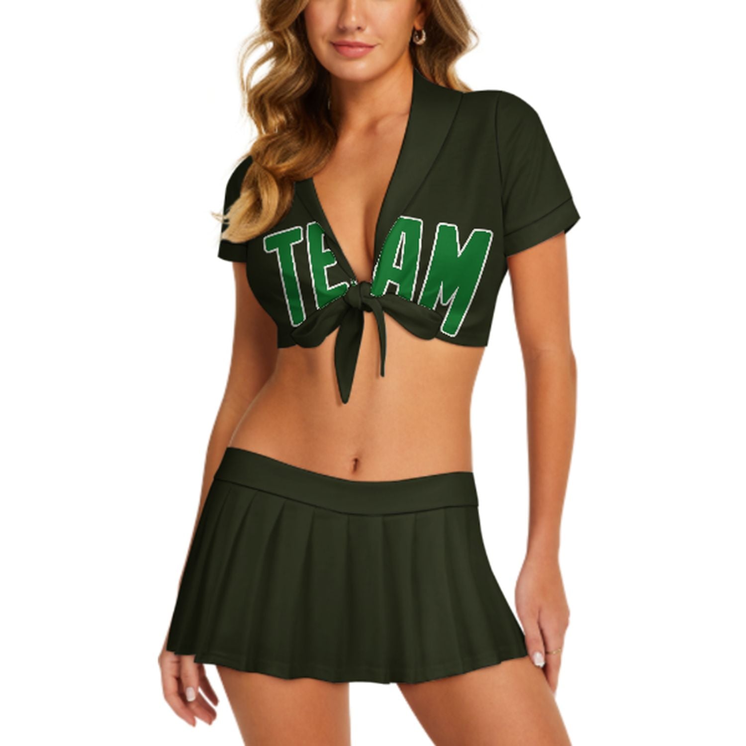Maßgeschneidertes Dunkles Oliv Smaragdgrün Cheerleader Outfit Set