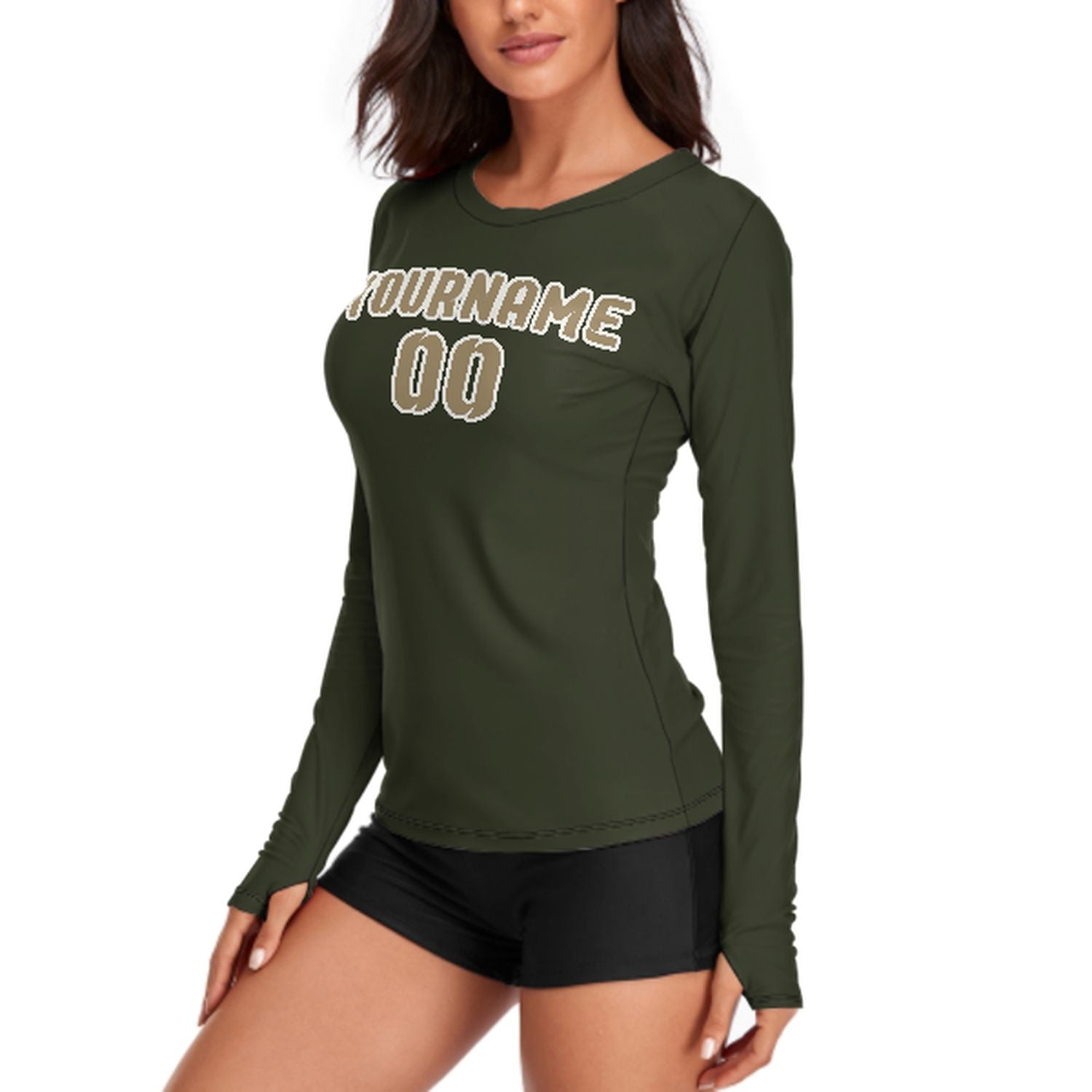 Maßgeschneidertes Dunkles Oliv Hellkhaki Damen Langarmshirt
