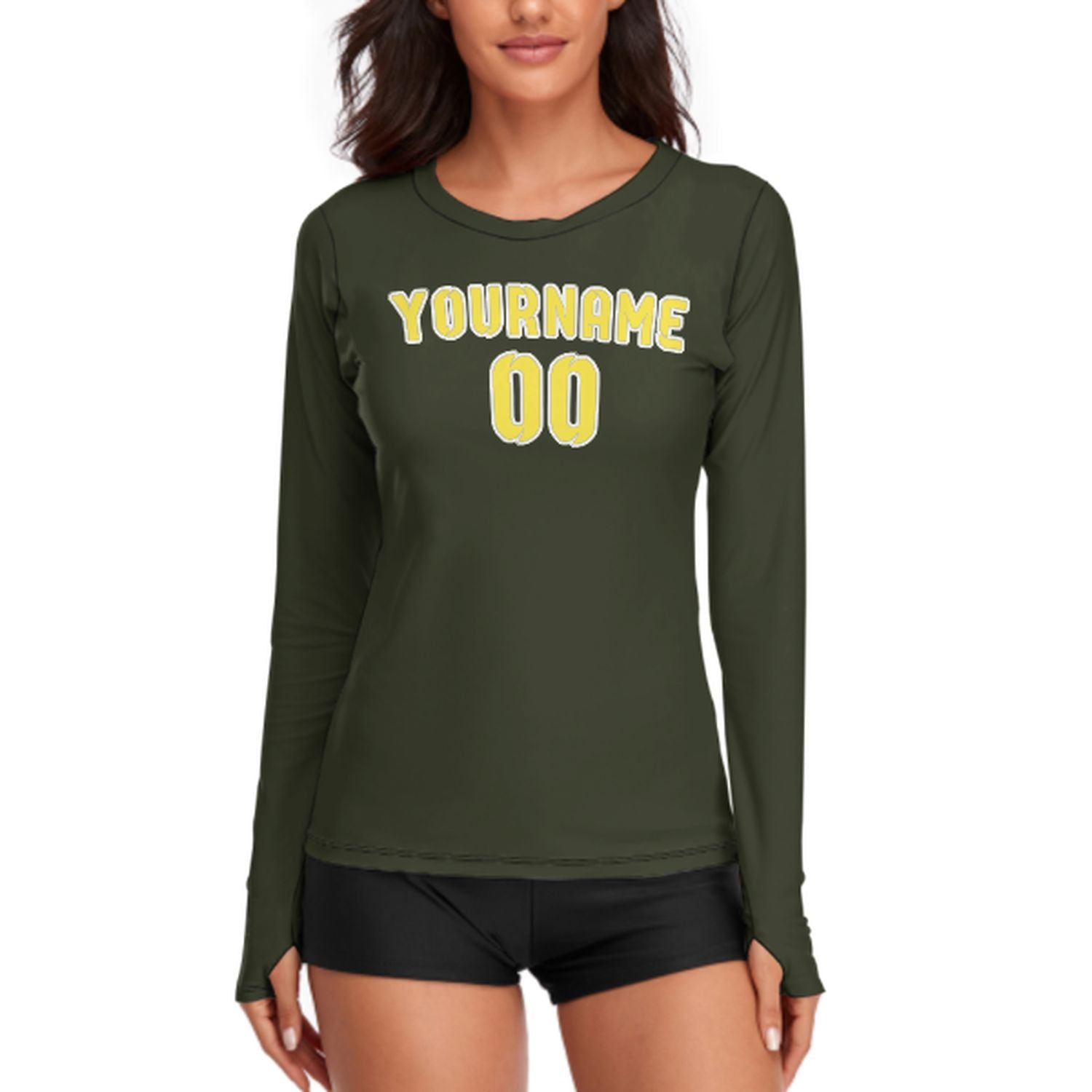 Maßgeschneidertes Dunkles Oliv Blassgelb Damen Langarmshirt