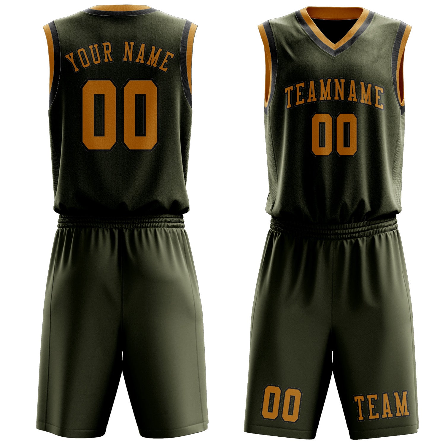 Benutzerdefiniertes Professionelles Dunkles Oliv Gelb Basketballtrikot-Set