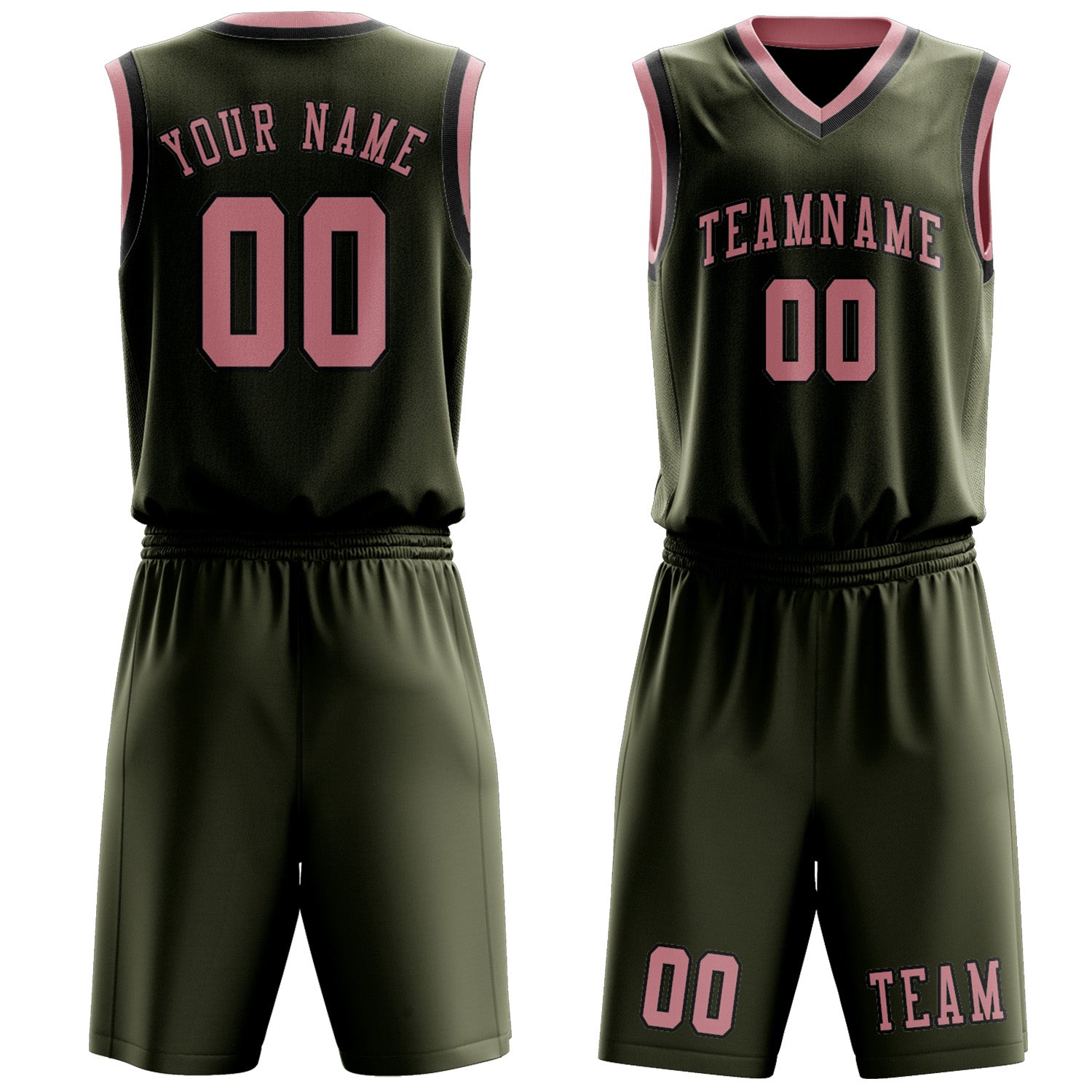 Benutzerdefiniertes Professionelles Dunkles Oliv Rosa Basketballtrikot-Set