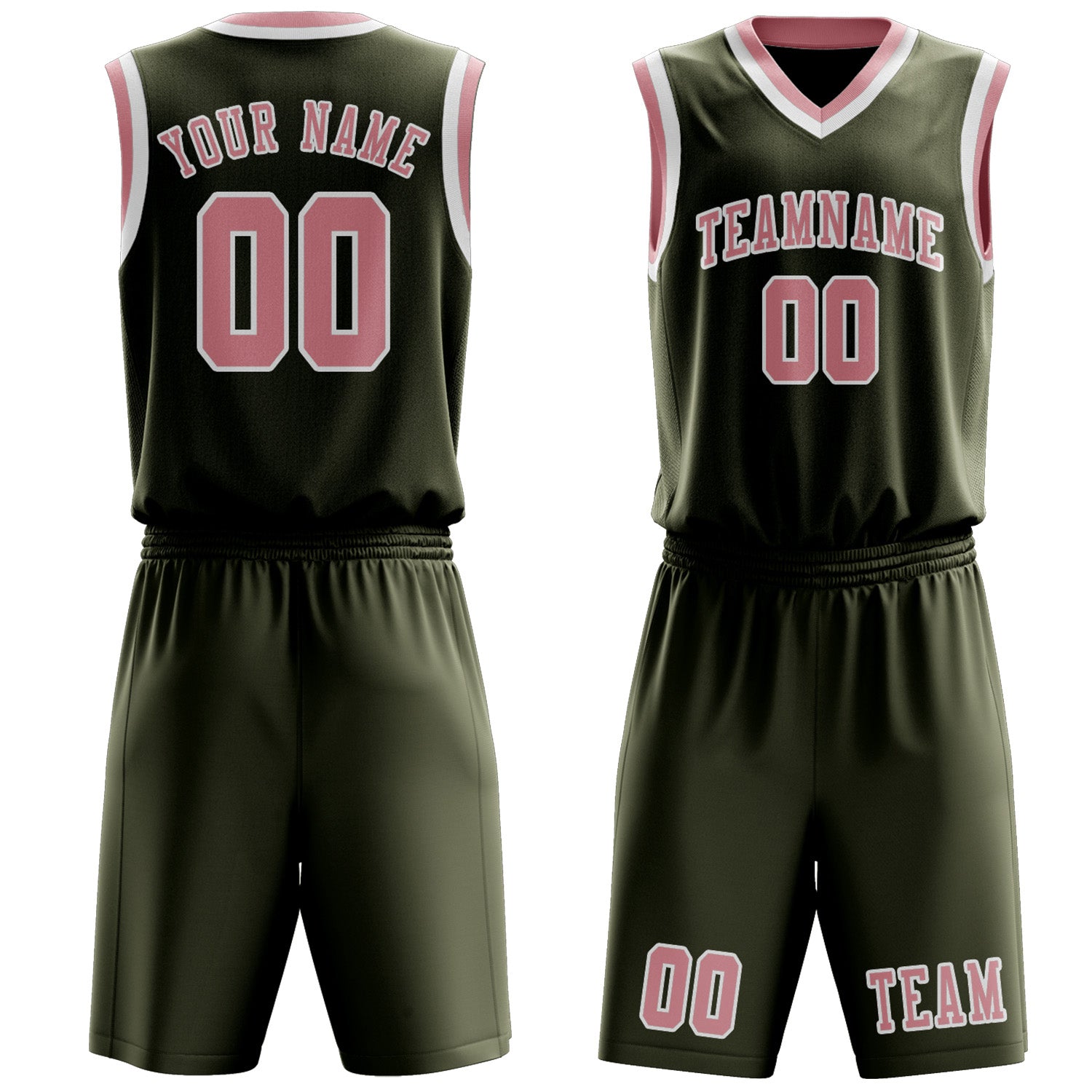 Benutzerdefiniertes Professionelles Dunkles Oliv Rosa Basketballtrikot-Set