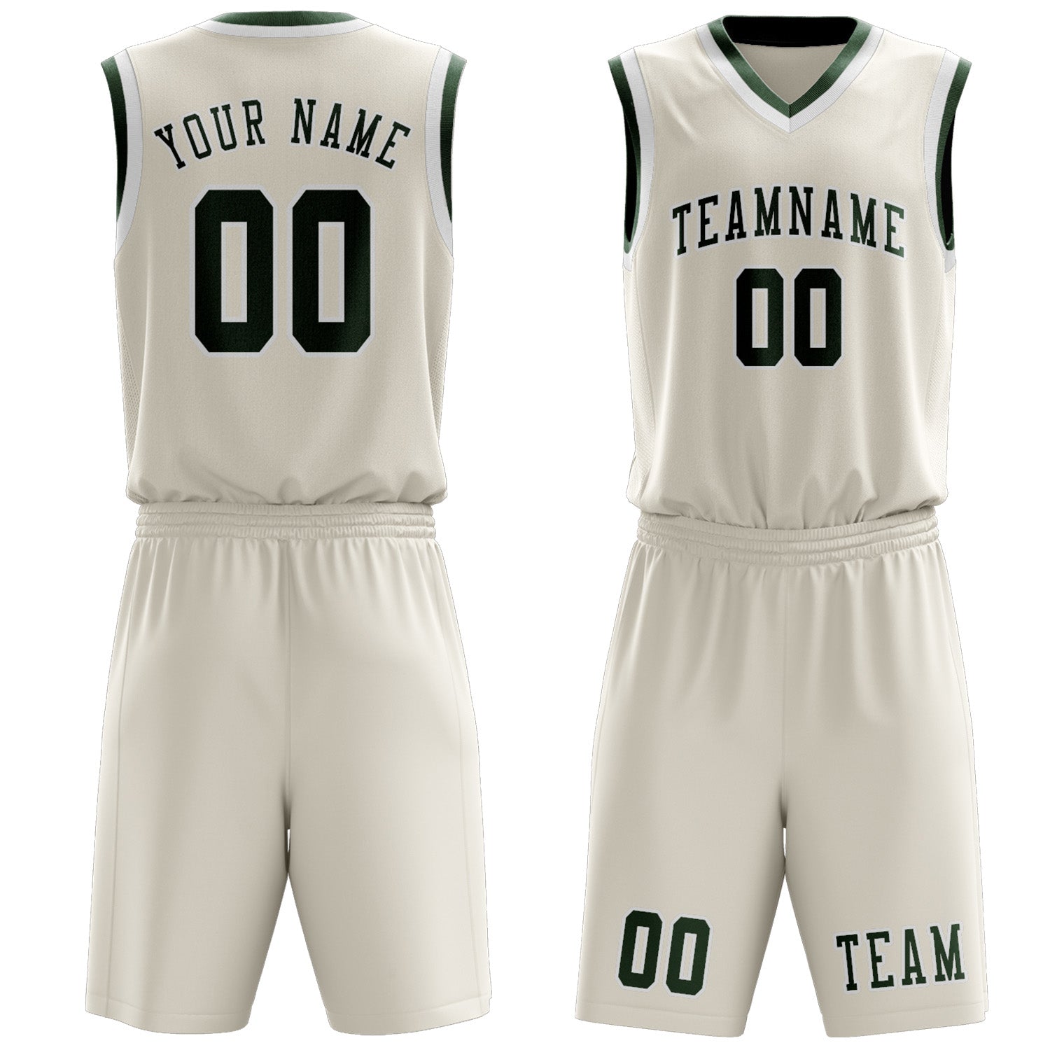 Benutzerdefiniertes Professionelles Beige Tannengrün Basketballtrikot-Set