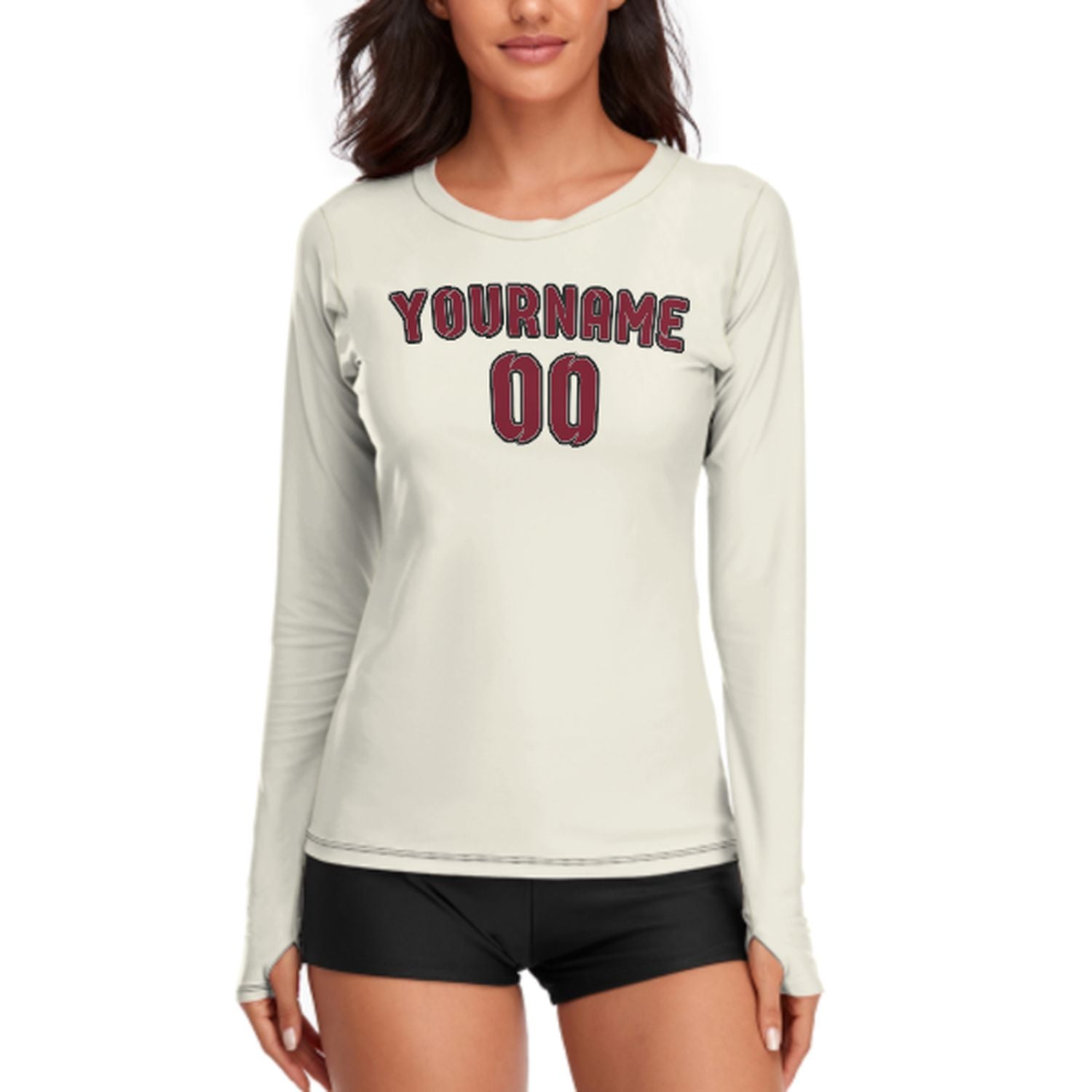 Maßgeschneidertes Beige Karmesinrot Damen Langarmshirt