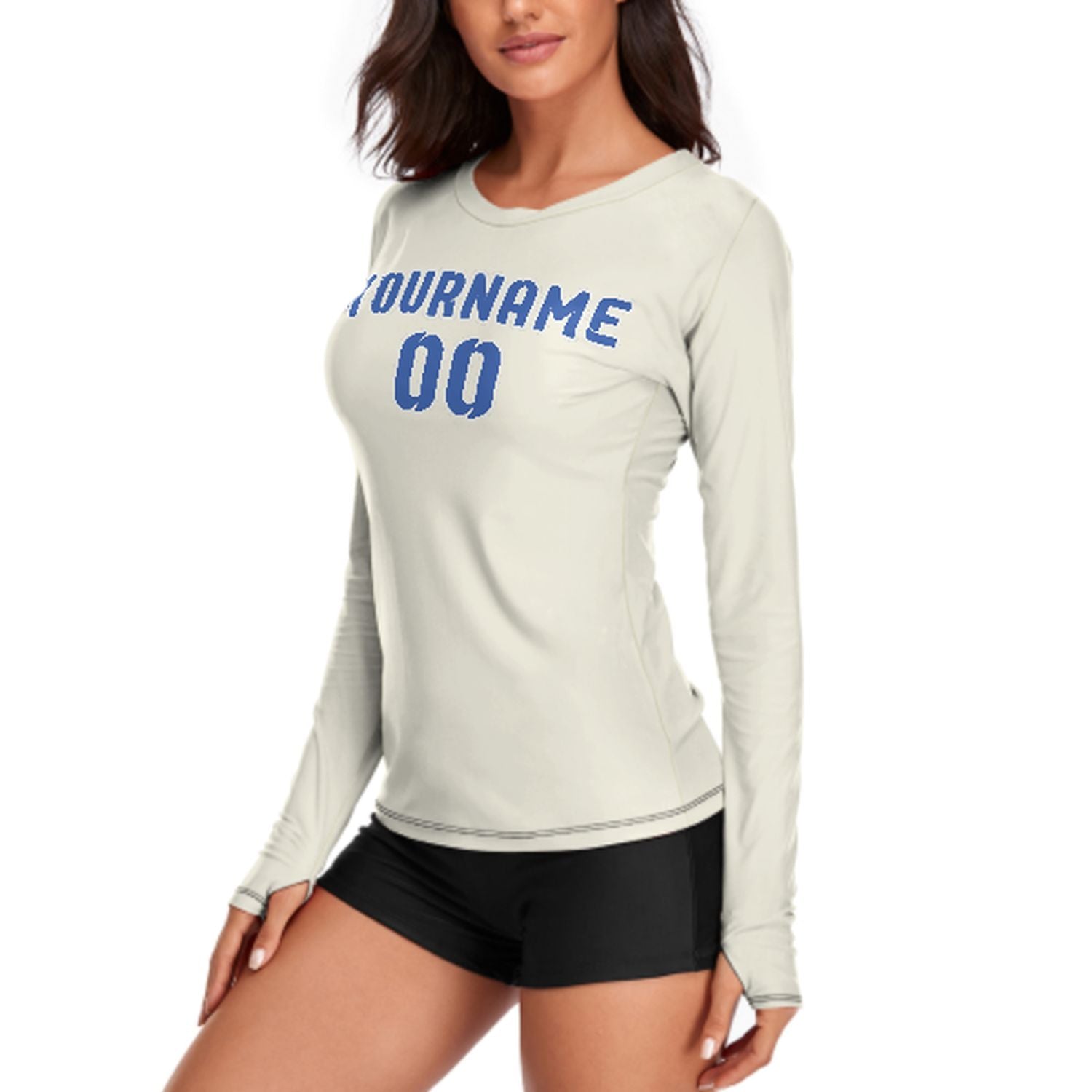 Maßgeschneidertes Beige Himmelblau Damen Langarmshirt