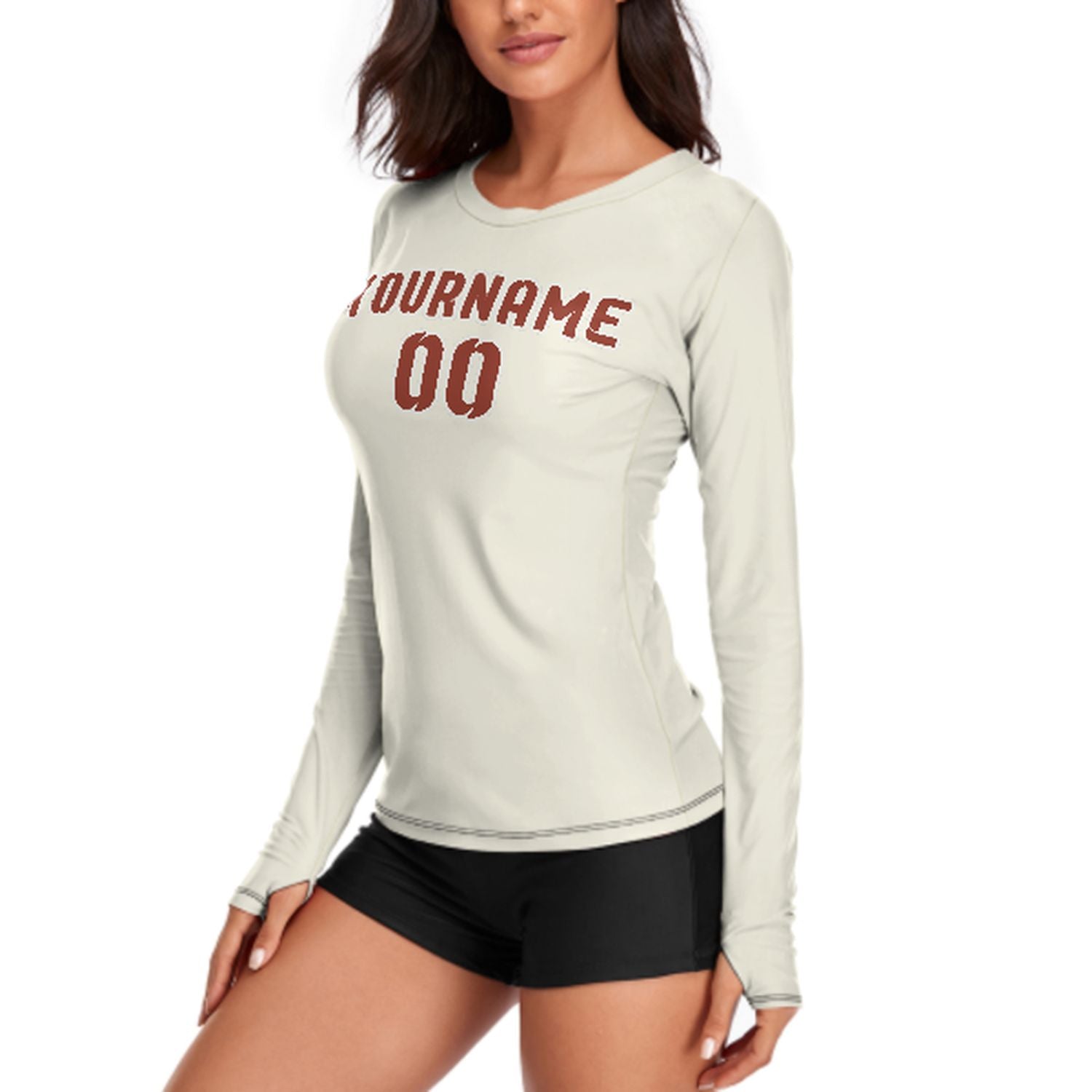 Maßgeschneidertes Beige Korallenrot Damen Langarmshirt