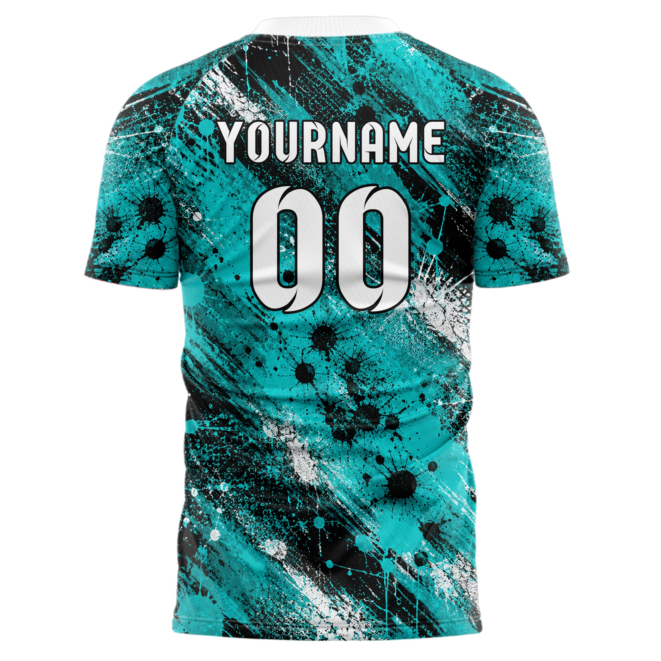 Cyan lebendiges Graffiti Center Burst Splatter Design 03-0231 individuelles Fußballtrikot back