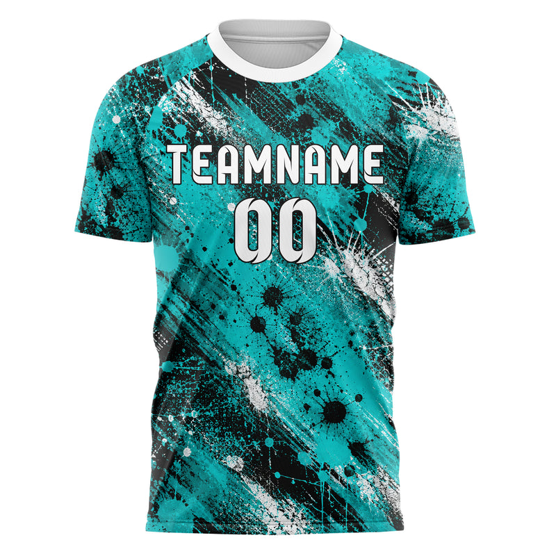 Cyan lebendiges Graffiti Center Burst Splatter Design 03-0231 individuelles Fußballtrikot front