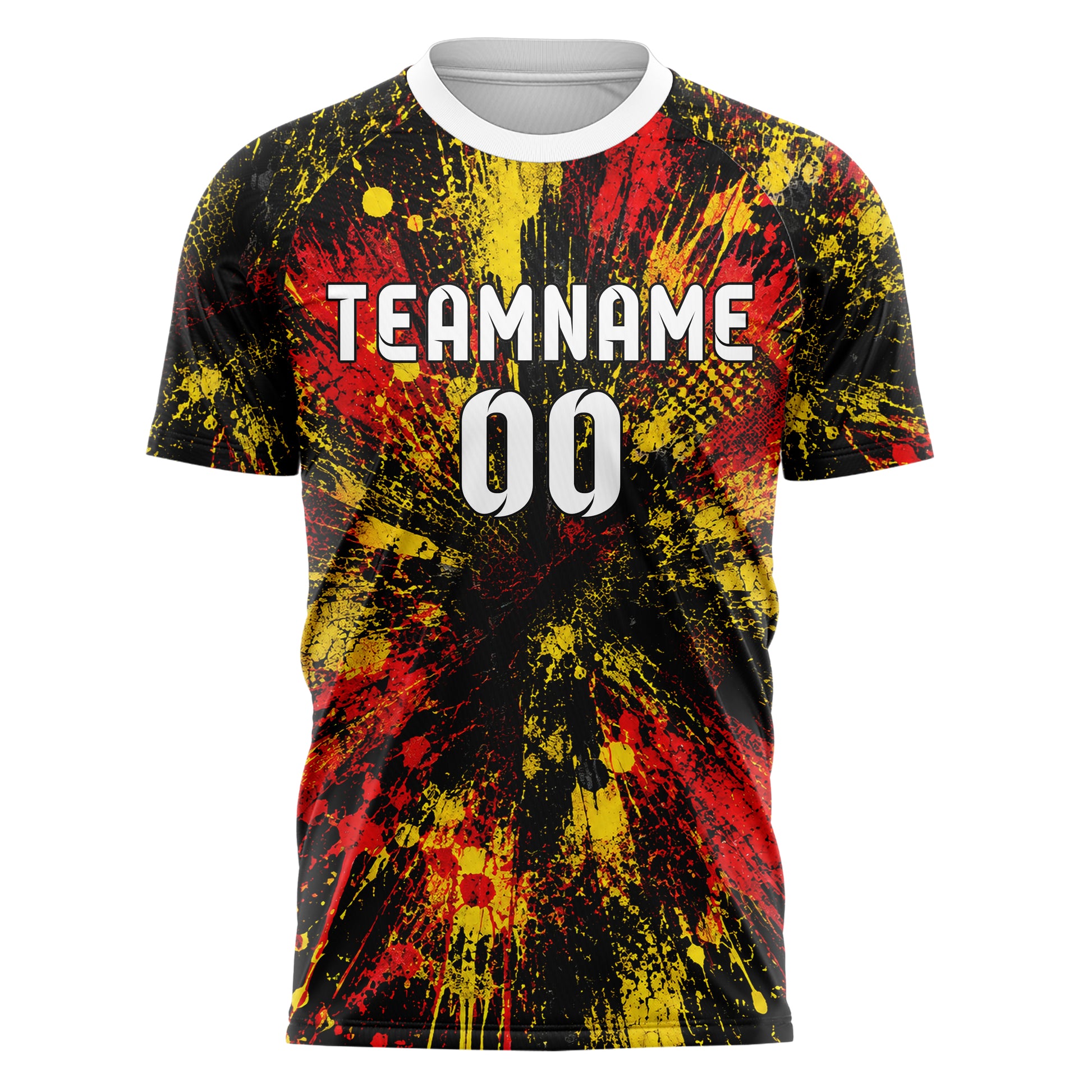 Schwarz lebendiges Graffiti Center Burst Splatter Design 03-0359 individuelles Fußballtrikot front