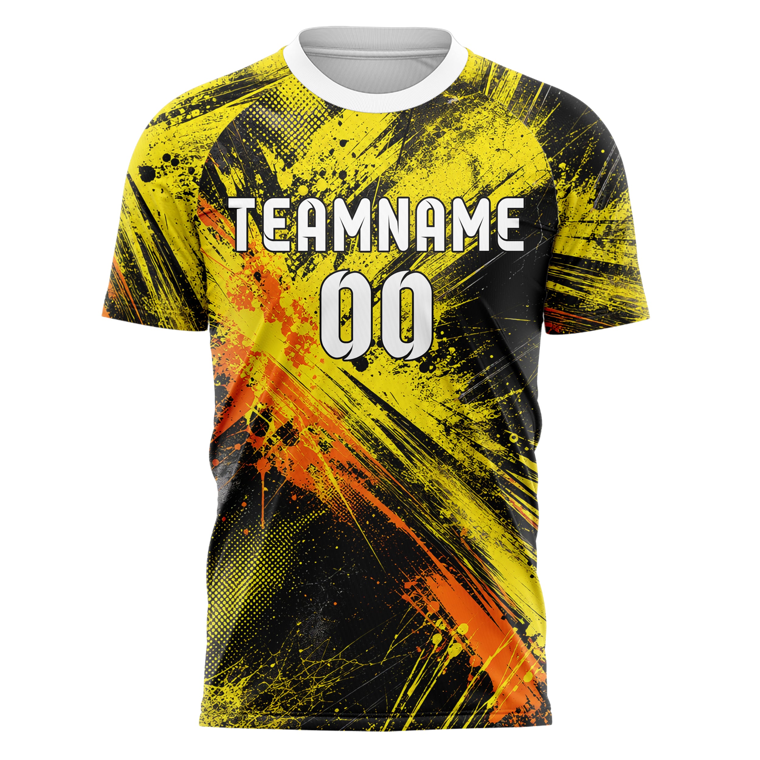 Gelb lebendiges Graffiti Center Burst Splatter Design 03-0135 individuelles Fußballtrikot front