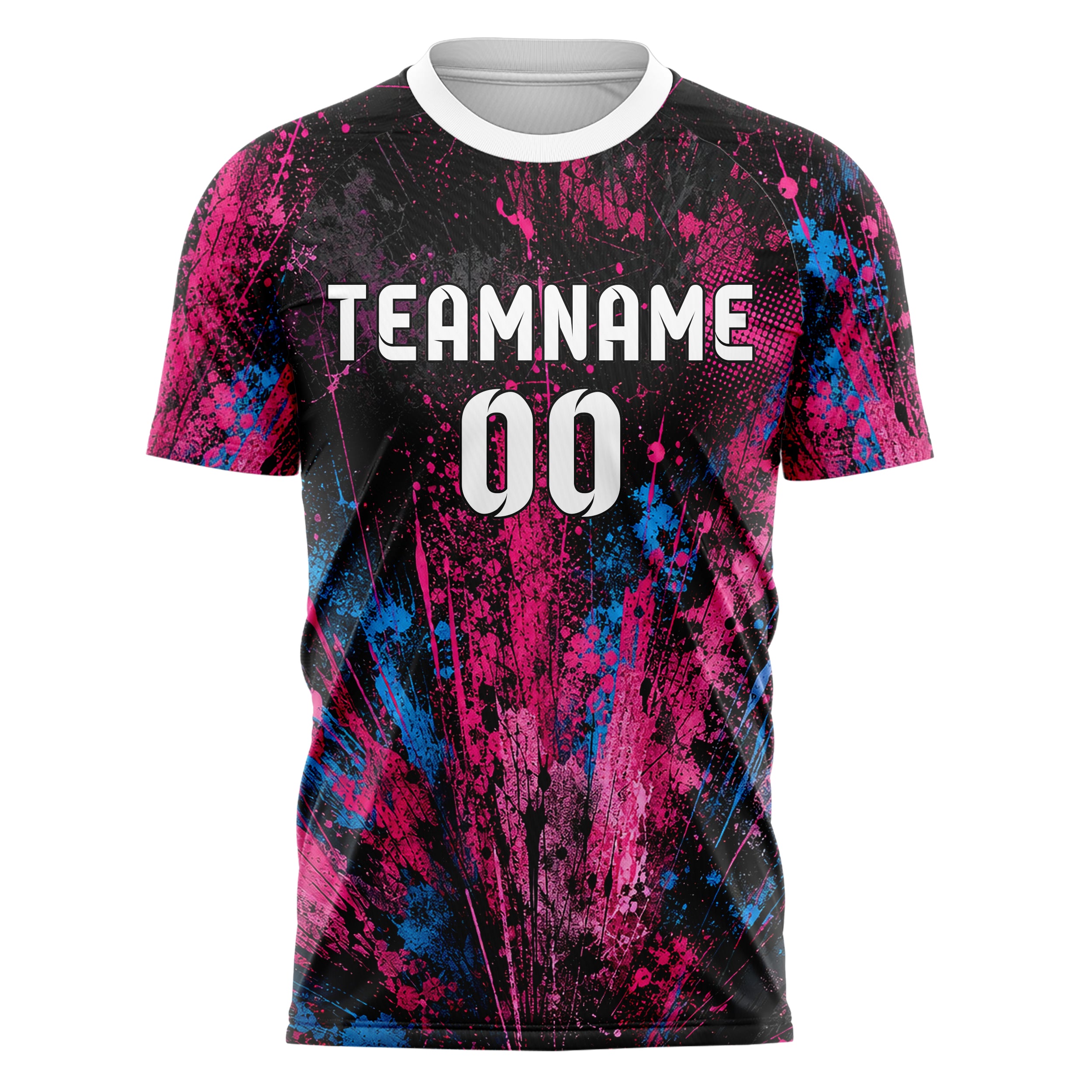 Schwarz lebendiges Graffiti Center Burst Splatter Design 03-0167 individuelles Fußballtrikot front