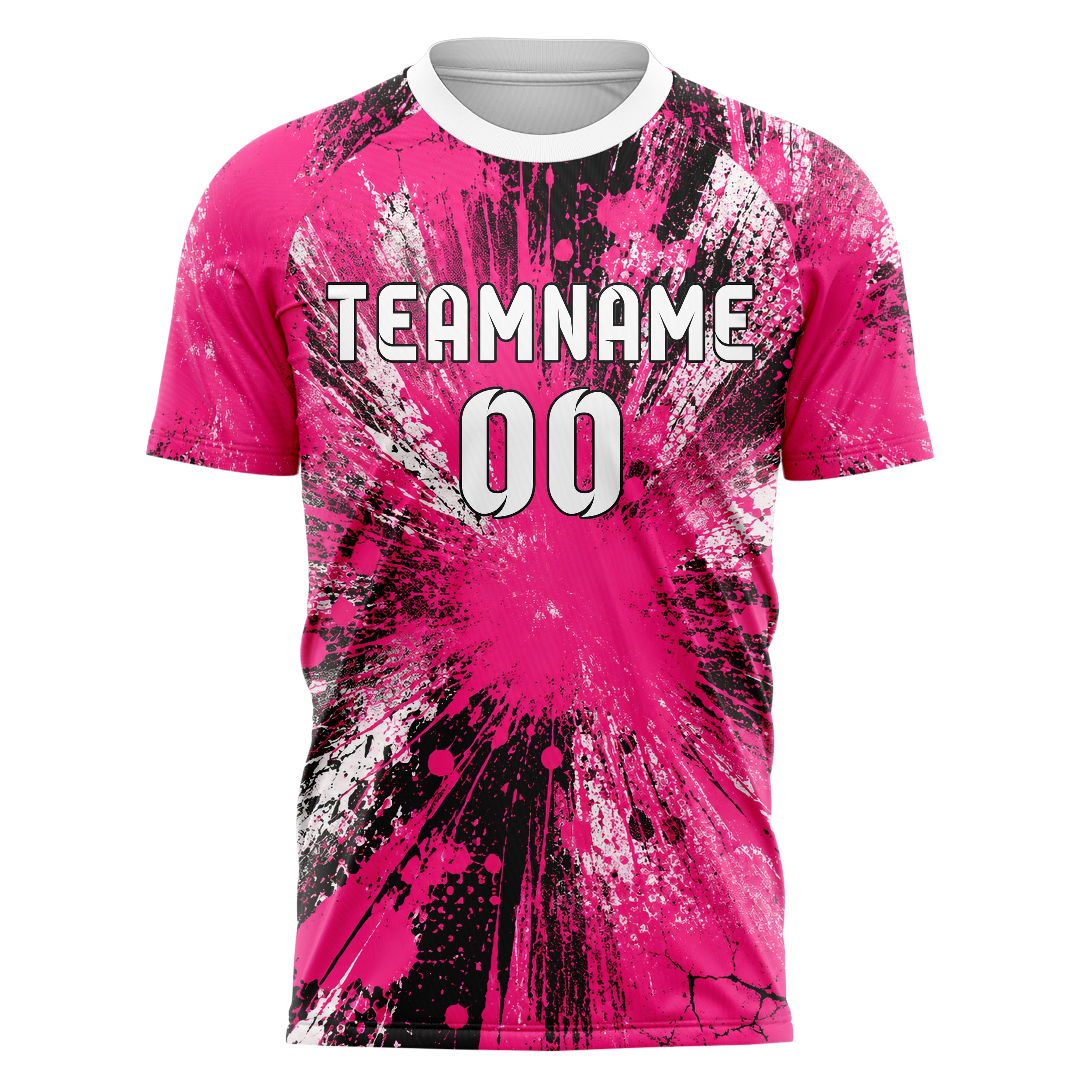 Hot Pink lebendiges Graffiti Center Burst Splatter Design 03-0055 individuelles Fußballtrikot front
