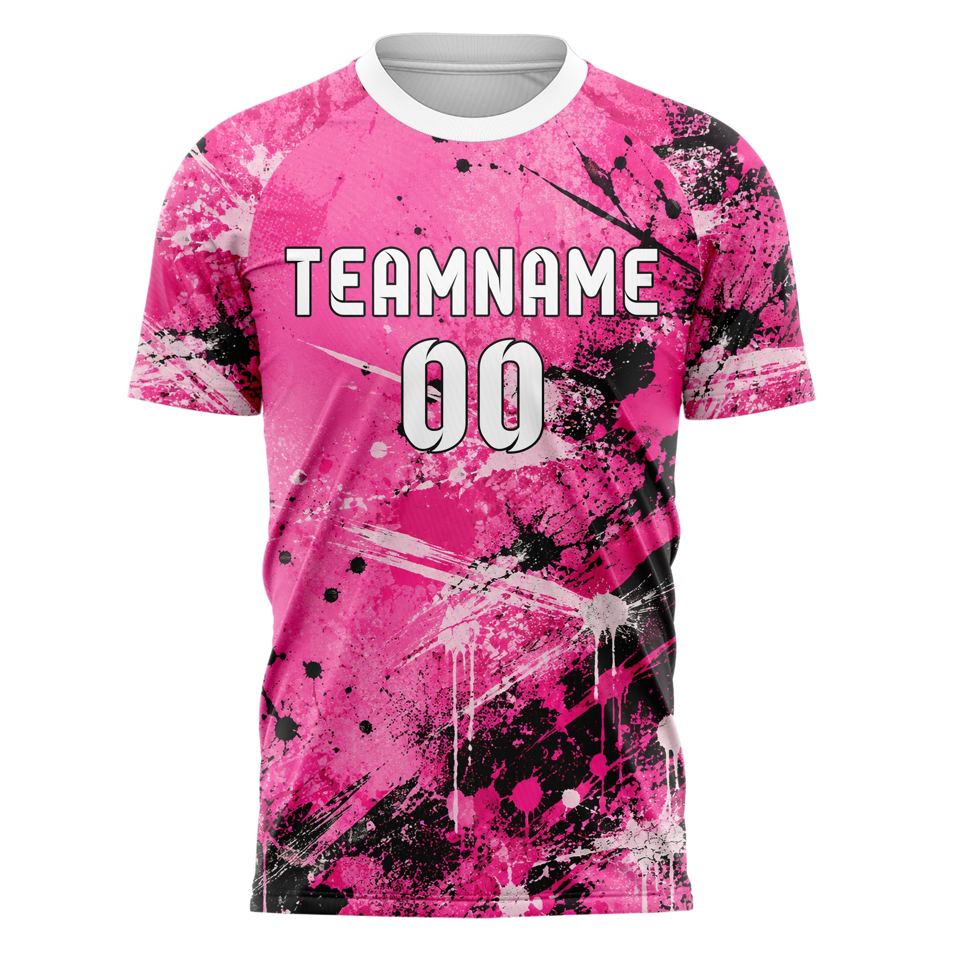 Hot Pink lebendiges Graffiti Center Burst Splatter Design 03-0151 individuelles Fußballtrikot front