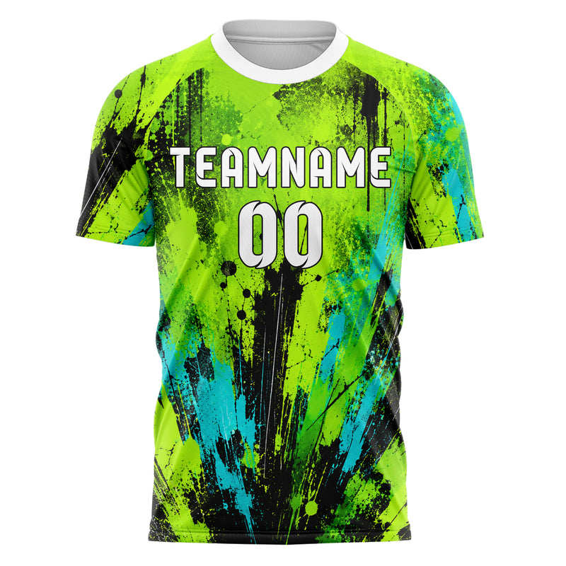 Neongruen lebendiges Graffiti Center Burst Splatter Design 03-0039 individuelles Fußballtrikot front