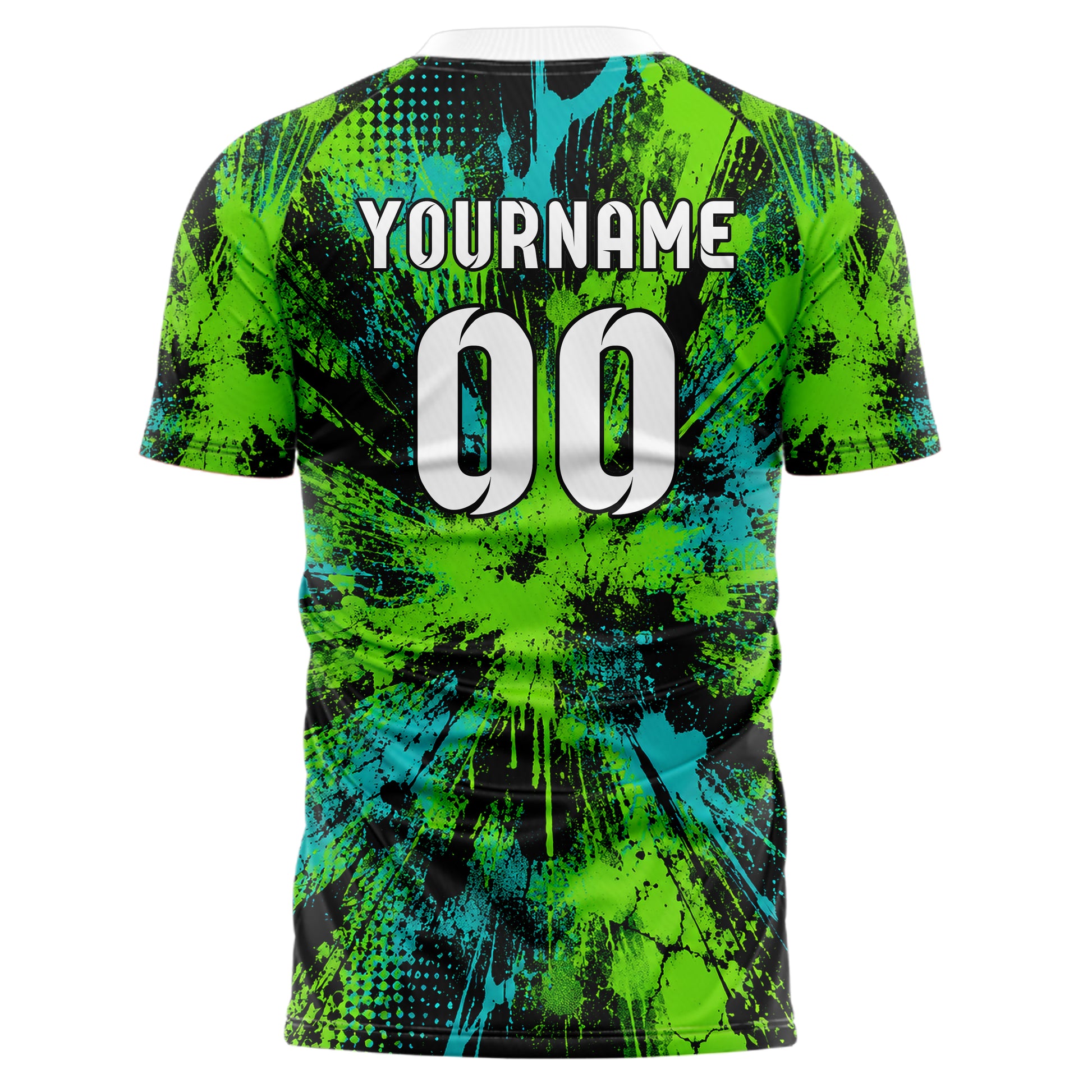 Neongruen lebendiges Graffiti Center Burst Splatter Design 03-0183 individuelles Fußballtrikot back