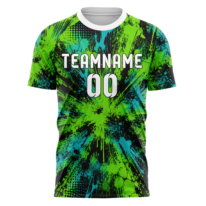 Neongruen lebendiges Graffiti Center Burst Splatter Design 03-0183 individuelles Fußballtrikot front