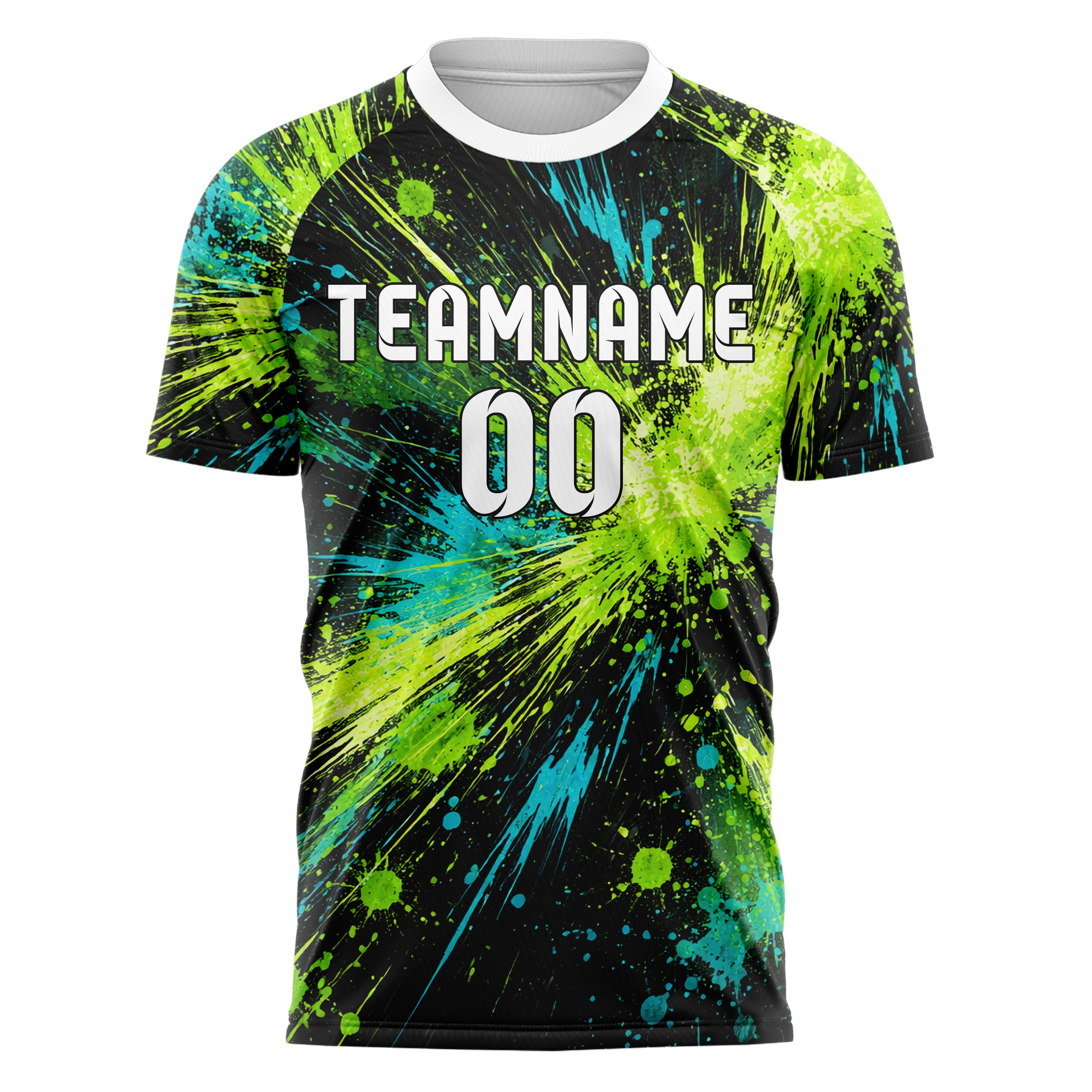 Neongruen lebendiges Graffiti Center Burst Splatter Design 03-0375 individuelles Fußballtrikot front