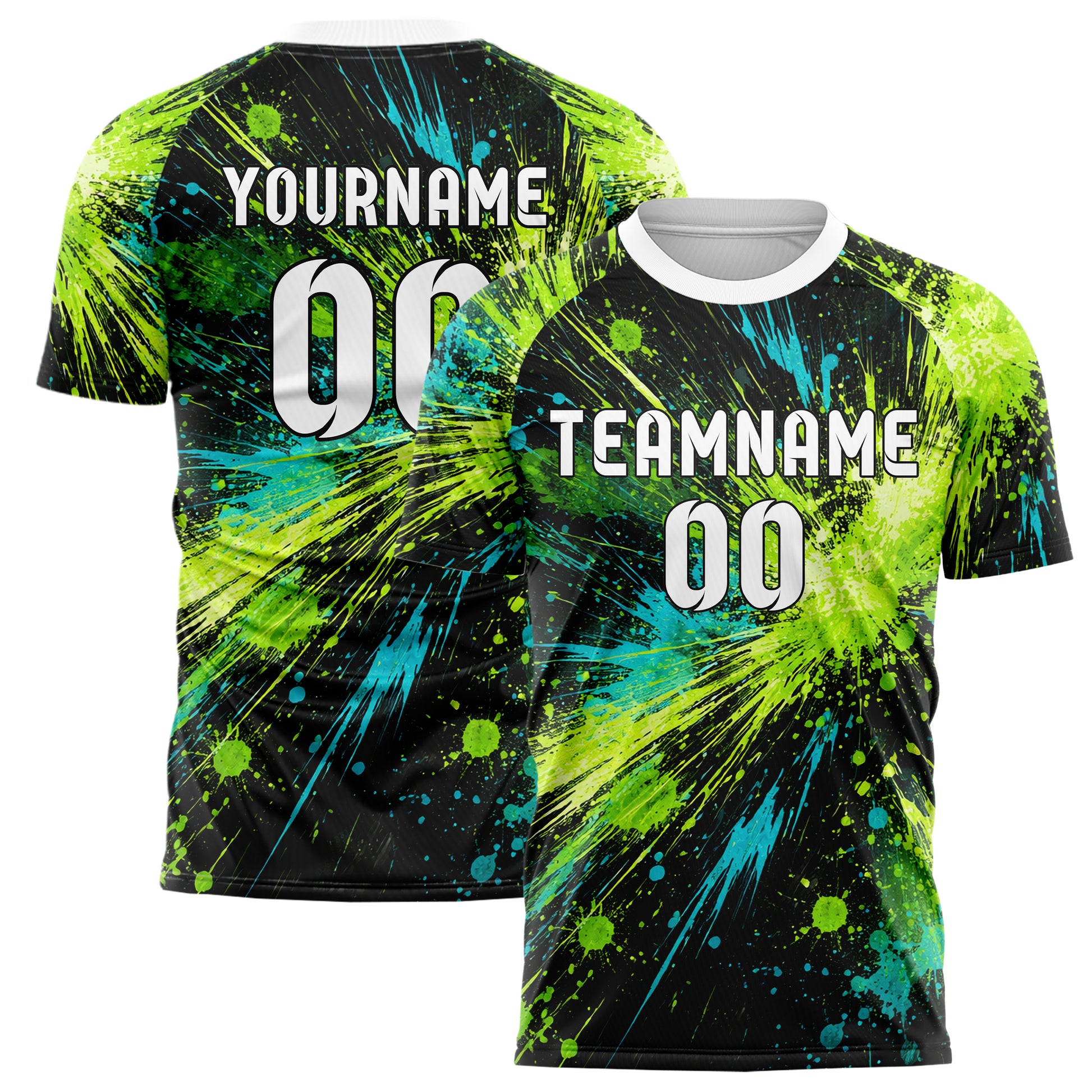 Neongruen lebendiges Graffiti Center Burst Splatter Design 03-0375 individuelles Fußballtrikot main