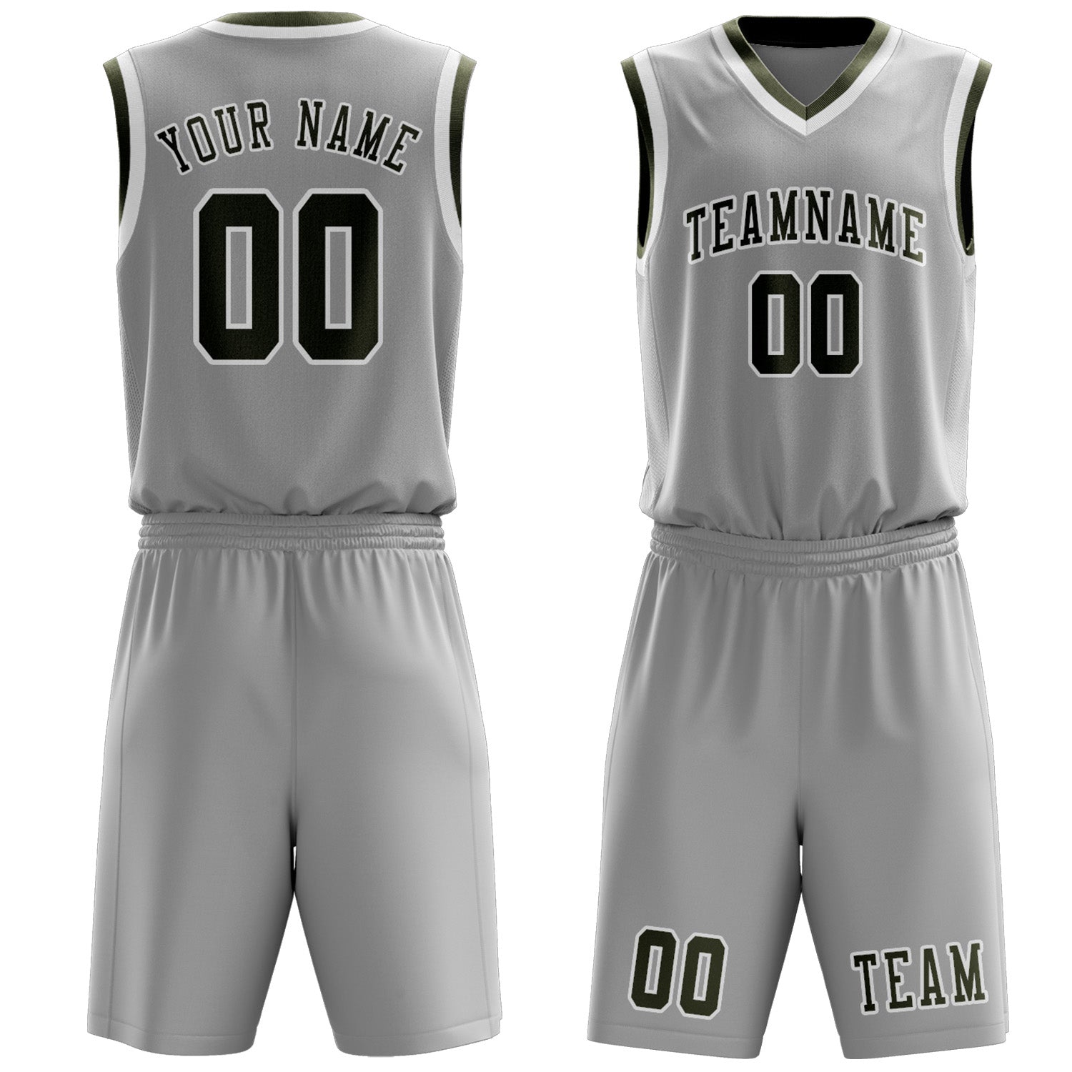 Benutzerdefiniertes Professionelles Grau Dunkles Oliv Basketballtrikot-Set
