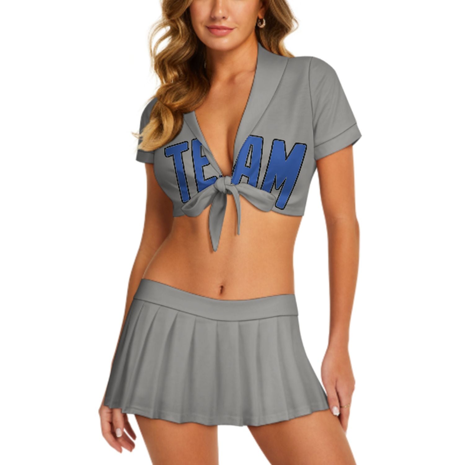 Maßgeschneidertes Grau Himmelblau Cheerleader Outfit Set