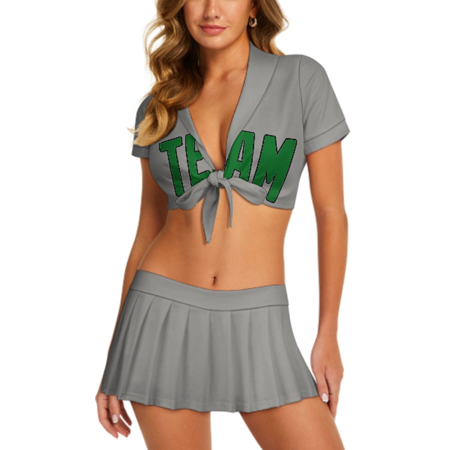 Maßgeschneidertes Grau Smaragdgrün Cheerleader Outfit Set