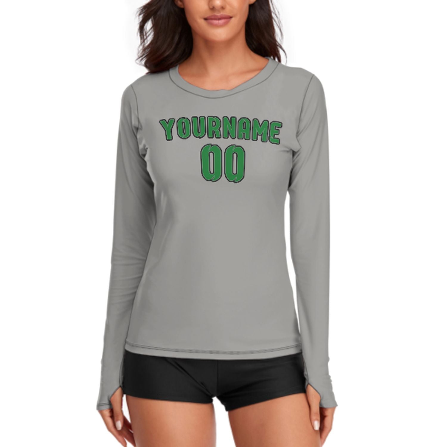 Maßgeschneidertes Grau Smaragdgrün Damen Langarmshirt