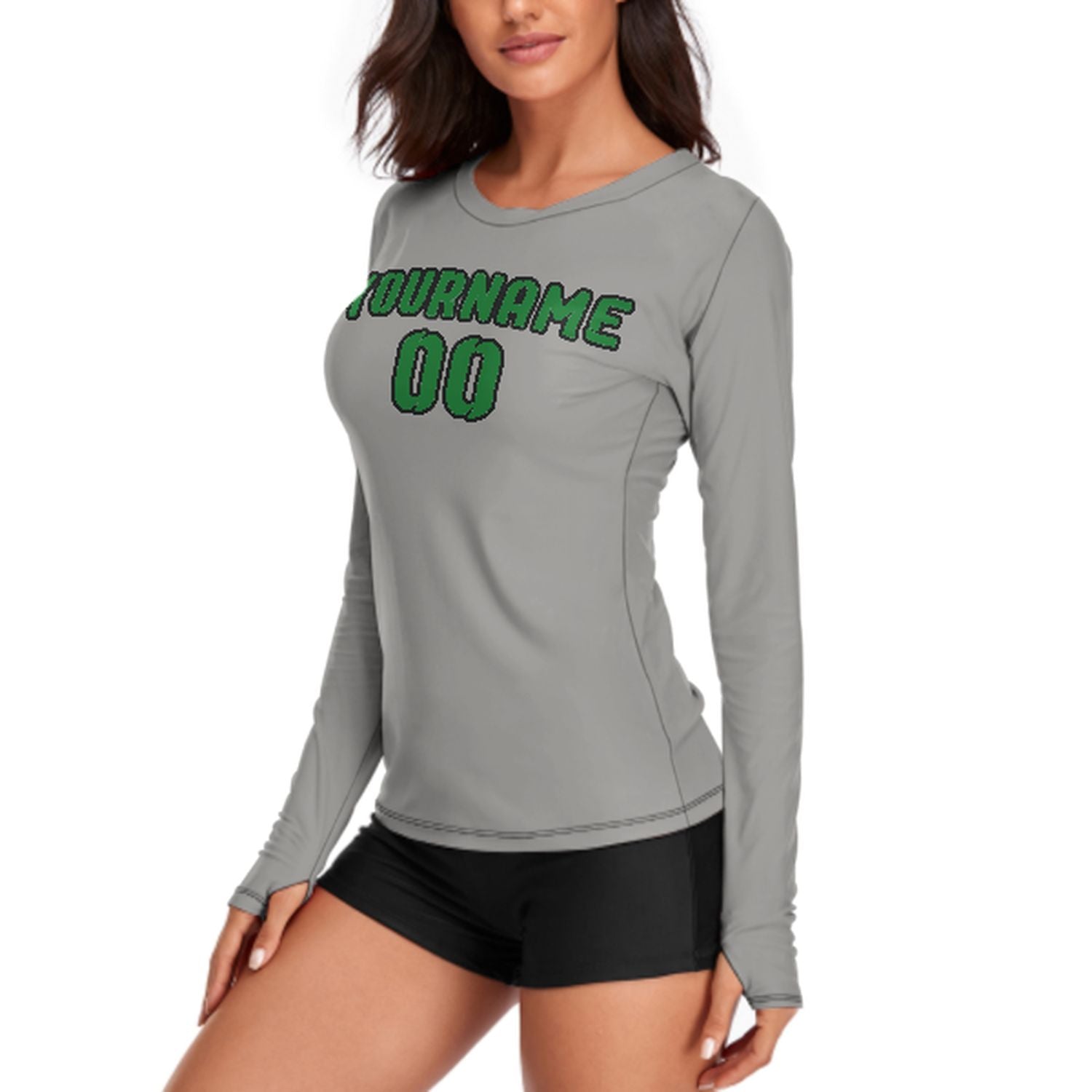 Maßgeschneidertes Grau Smaragdgrün Damen Langarmshirt