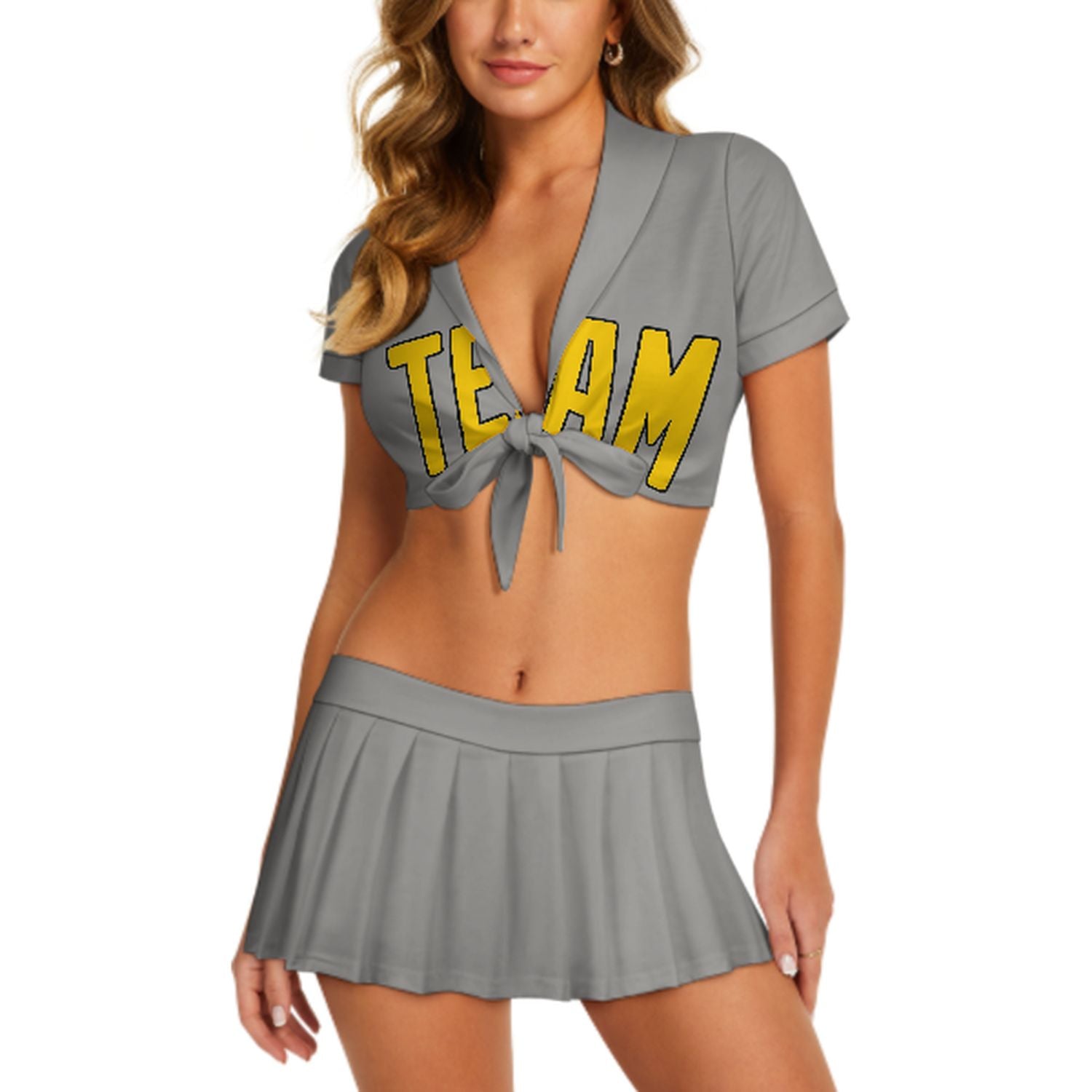 Maßgeschneidertes Grau Gold Cheerleader Outfit Set
