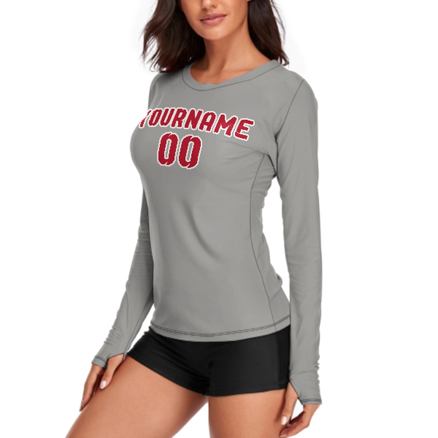 Maßgeschneidertes Grau Rot Damen Langarmshirt