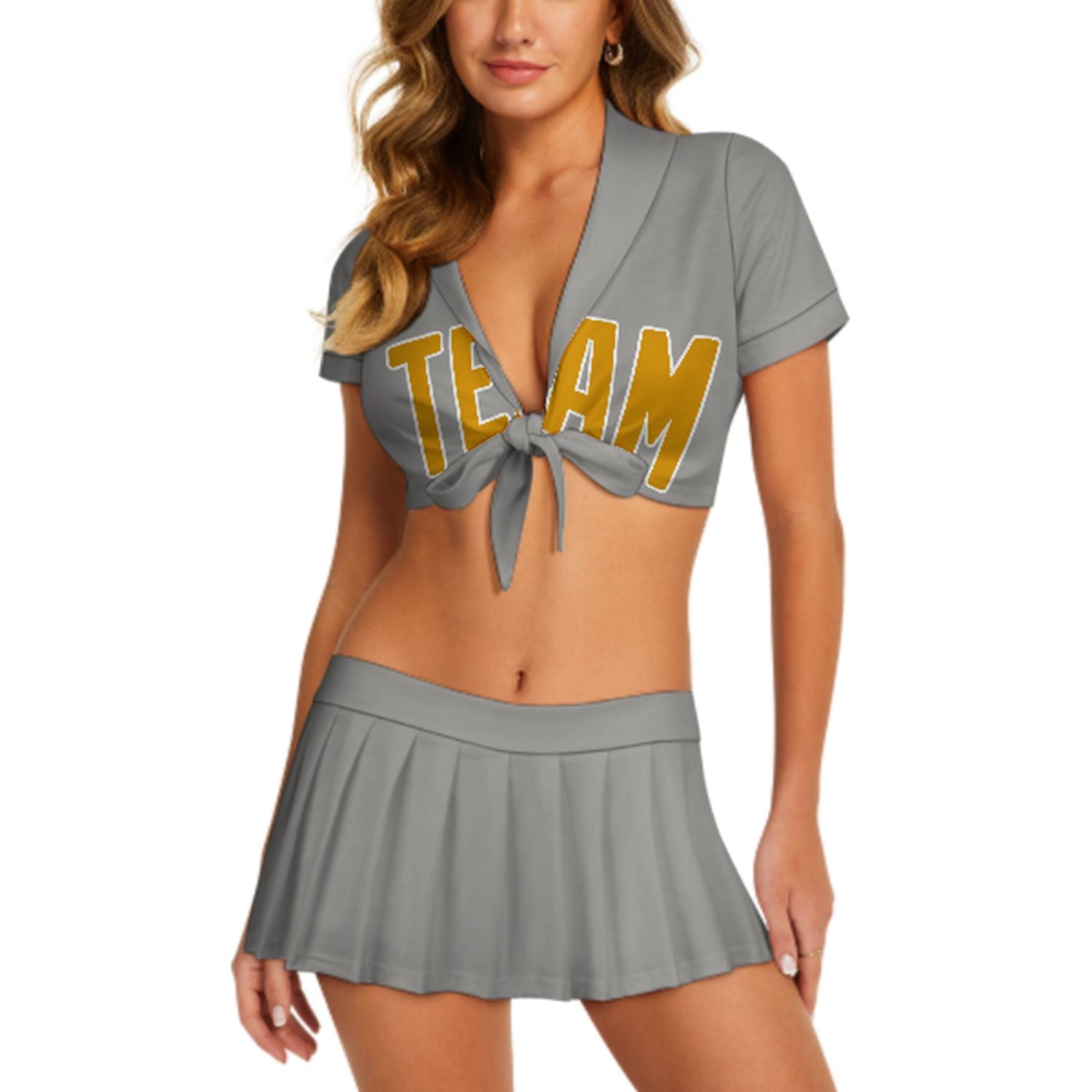 Maßgeschneidertes Grau Gelb Cheerleader Outfit Set