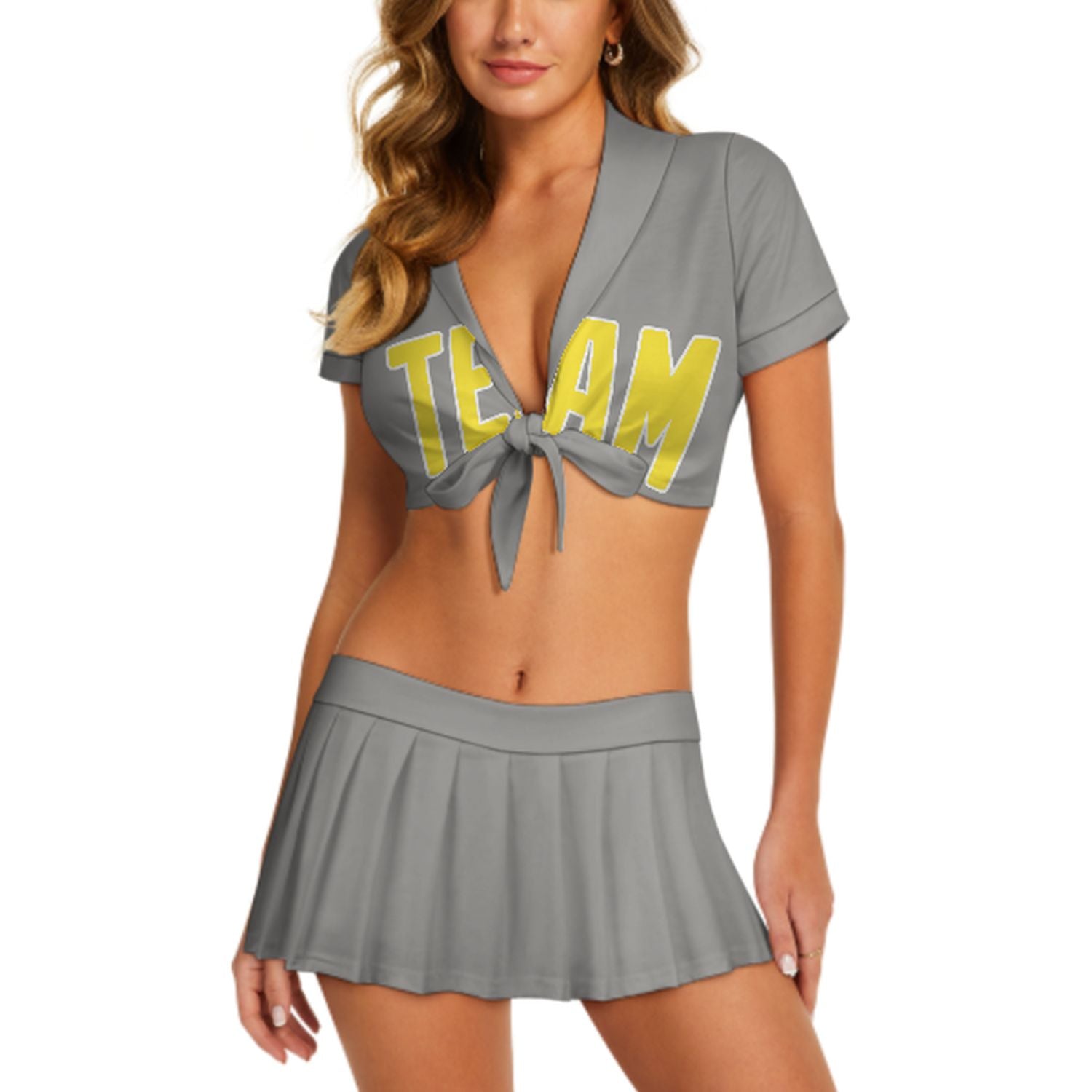 Maßgeschneidertes Grau Blassgelb Cheerleader Outfit Set
