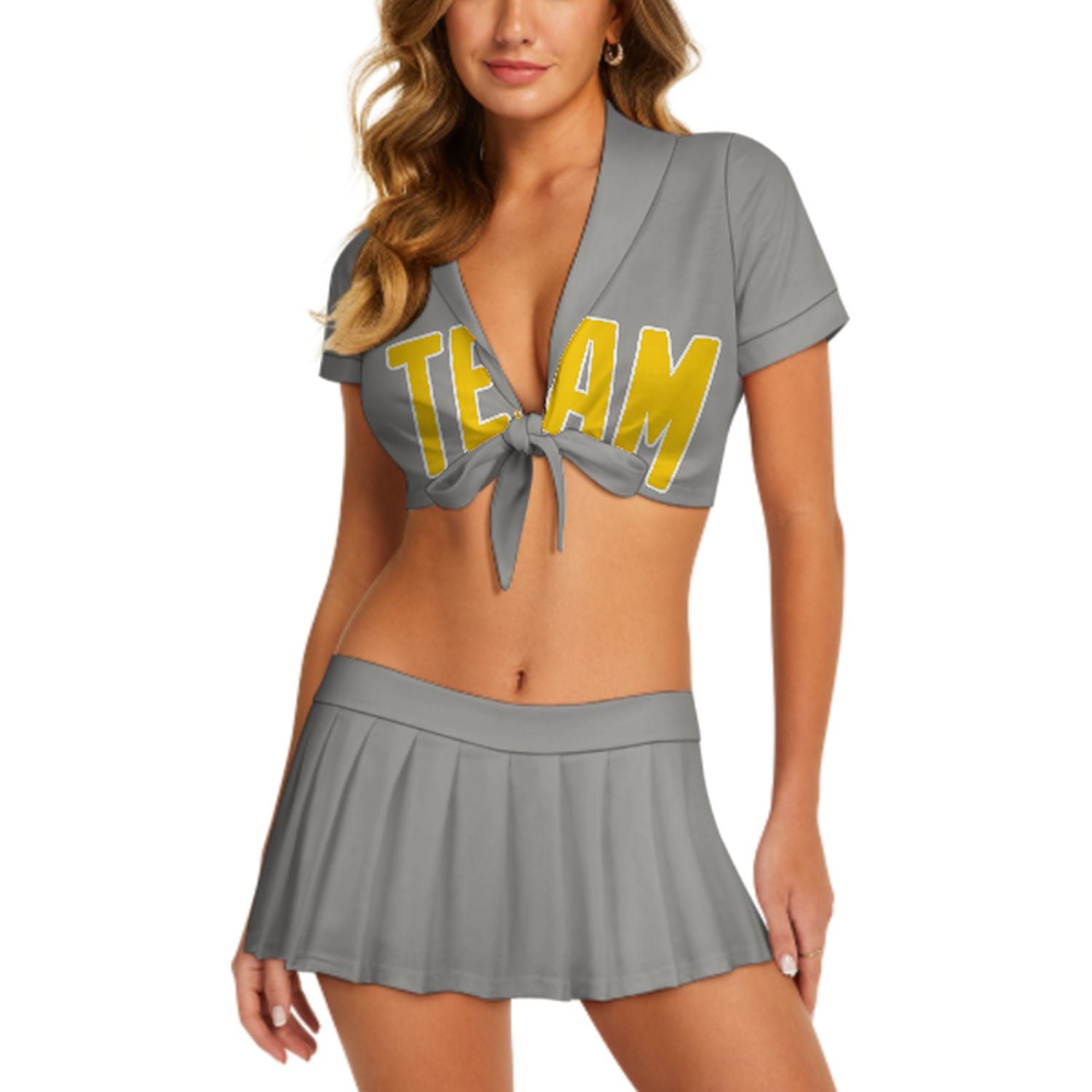 Maßgeschneidertes Grau Gold Cheerleader Outfit Set