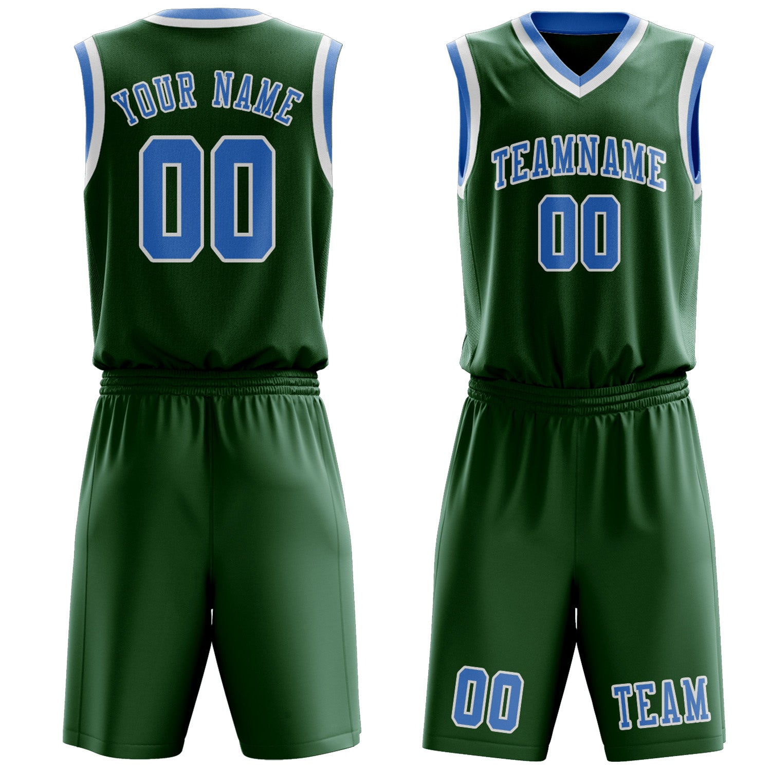 Benutzerdefiniertes Professionelles Moosgrün Hellblau Basketballtrikot-Set