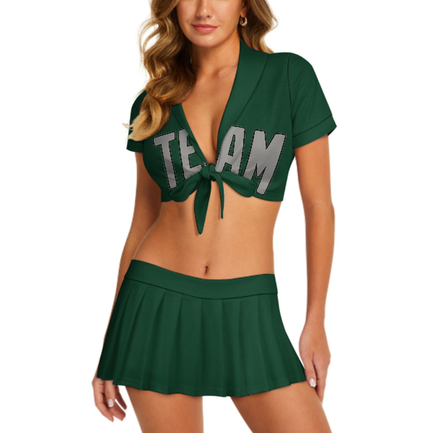Maßgeschneidertes Moosgrün Grau Cheerleader Outfit Set