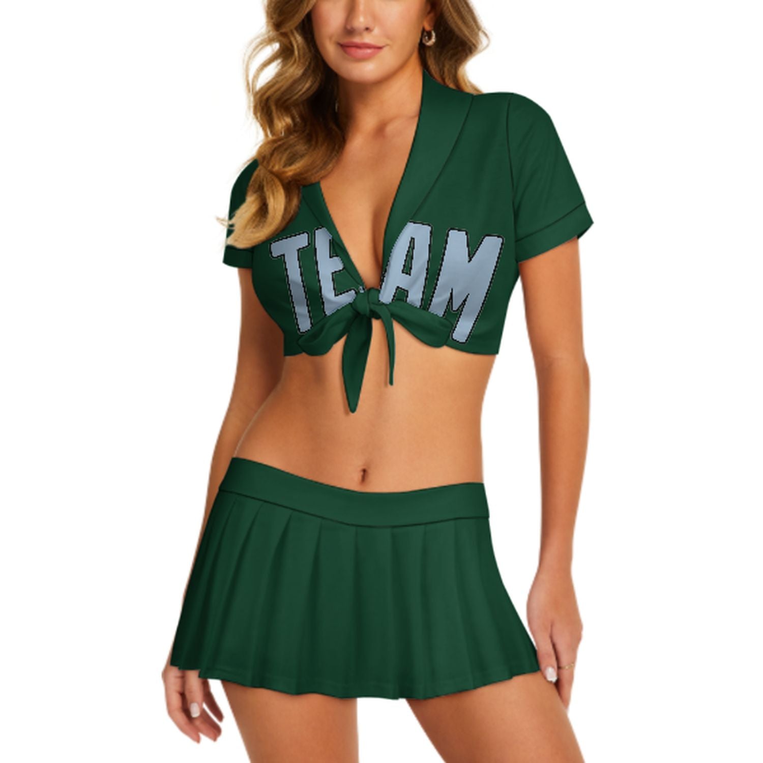 Maßgeschneidertes Moosgrün Hellblau Cheerleader Outfit Set