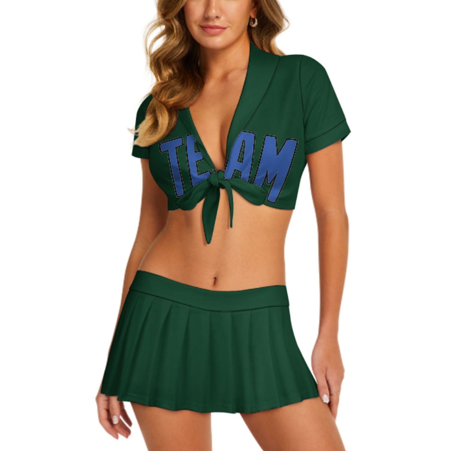 Maßgeschneidertes Moosgrün Himmelblau Cheerleader Outfit Set