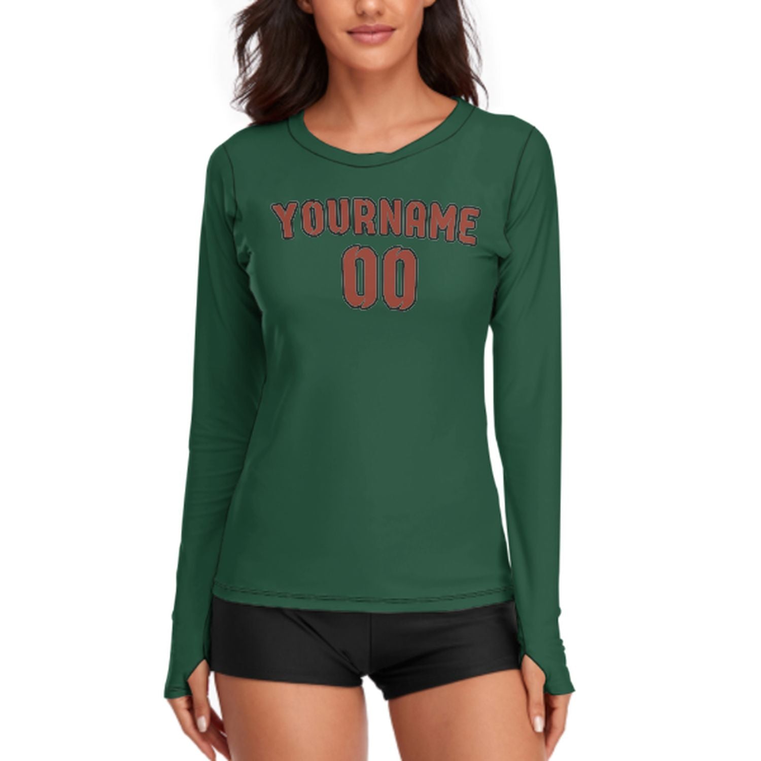 Maßgeschneidertes Moosgrün Korallenrot Damen Langarmshirt