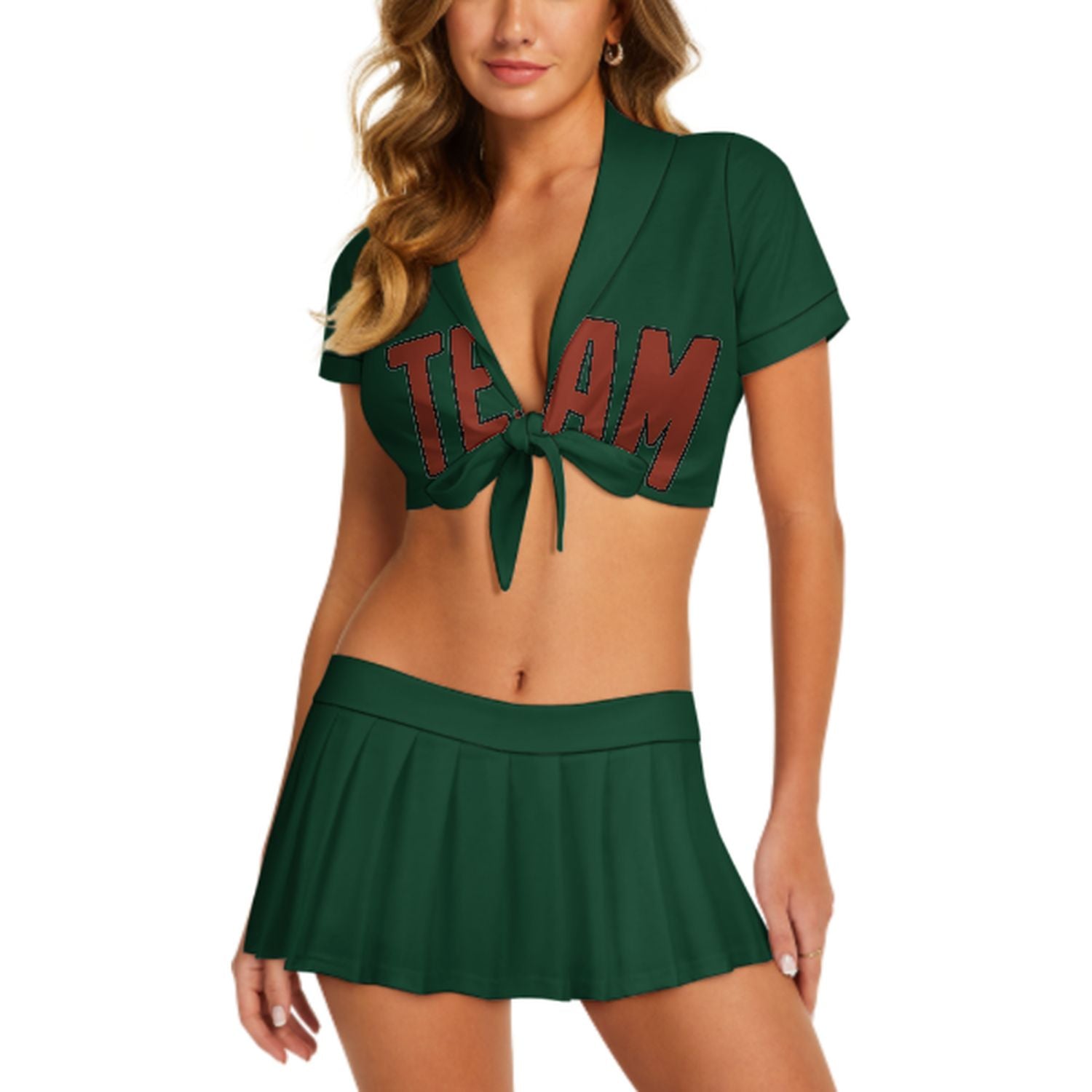 Completo da cheerleader personalizzato verde muschio e rosso corallo
