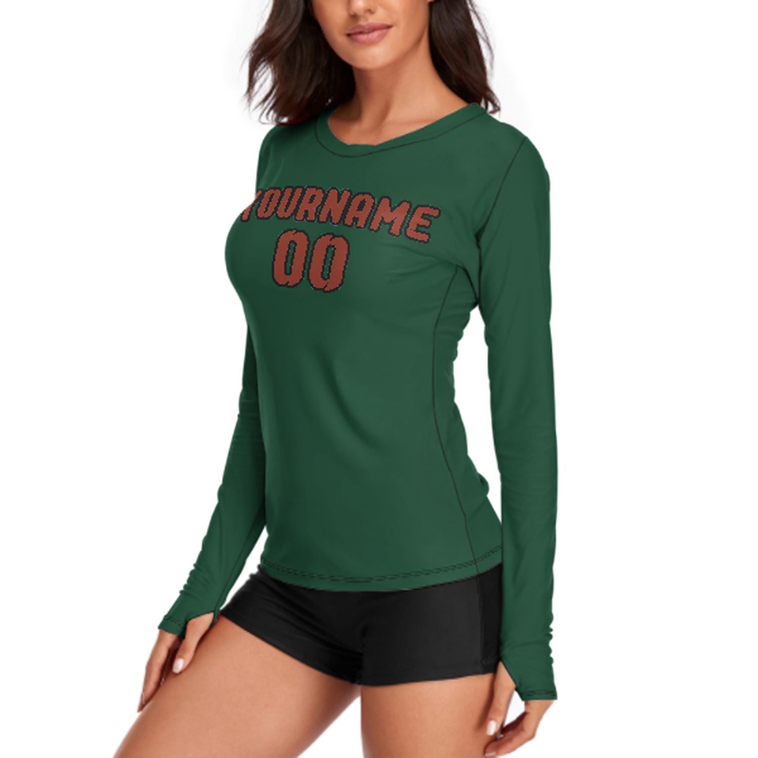 Maßgeschneidertes Moosgrün Korallenrot Damen Langarmshirt