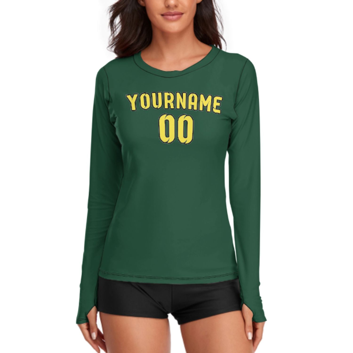 Maßgeschneidertes Moosgrün Blassgelb Damen Langarmshirt