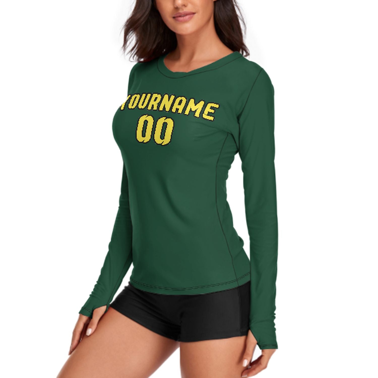 Maßgeschneidertes Moosgrün Blassgelb Damen Langarmshirt