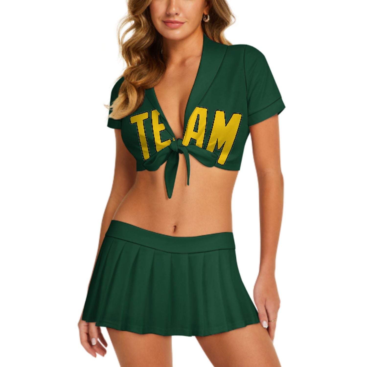 Completo da cheerleader personalizzato verde muschio e oro