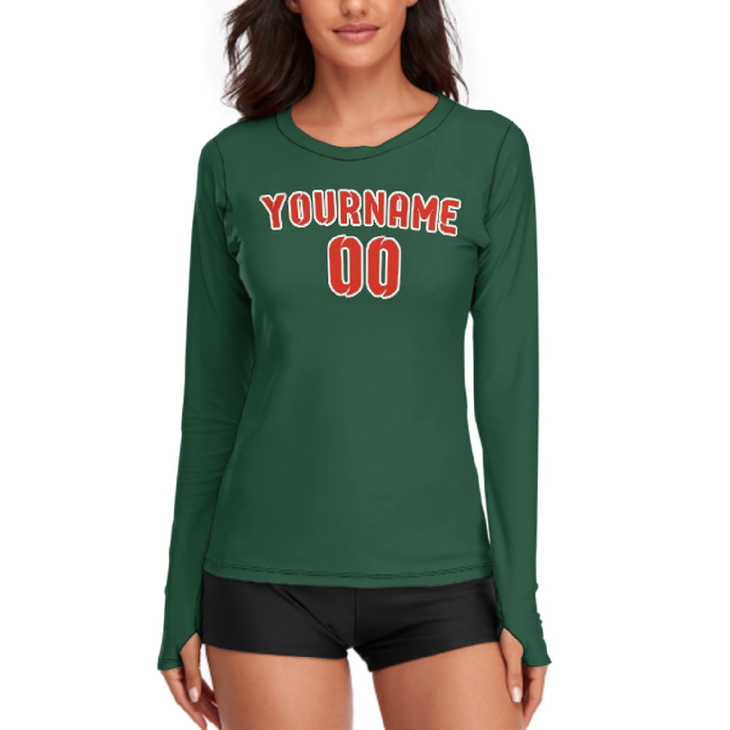 Maßgeschneidertes Moosgrün Orangerot Damen Langarmshirt
