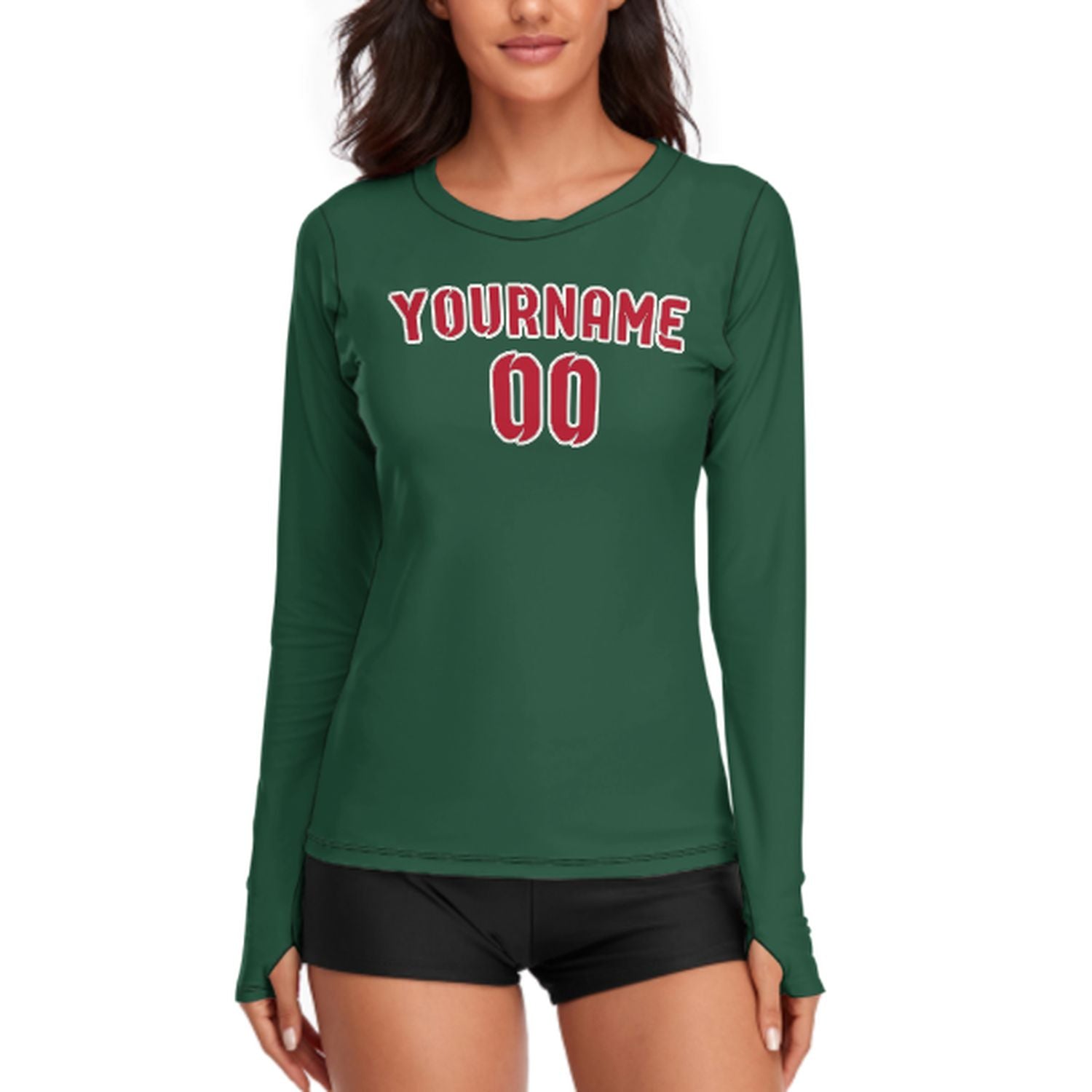 Maßgeschneidertes Moosgrün Rot Damen Langarmshirt