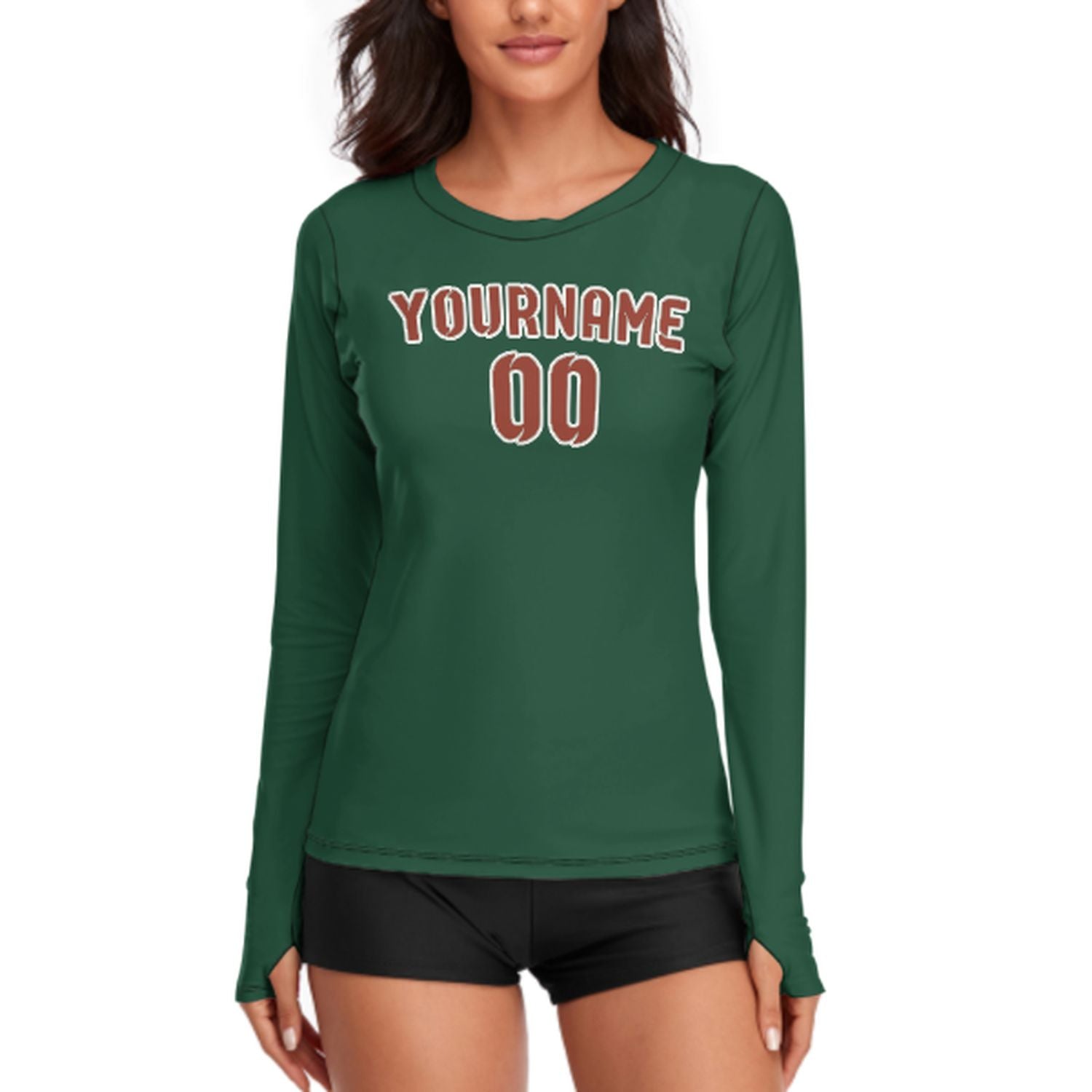 Maßgeschneidertes Moosgrün Korallenrot Damen Langarmshirt