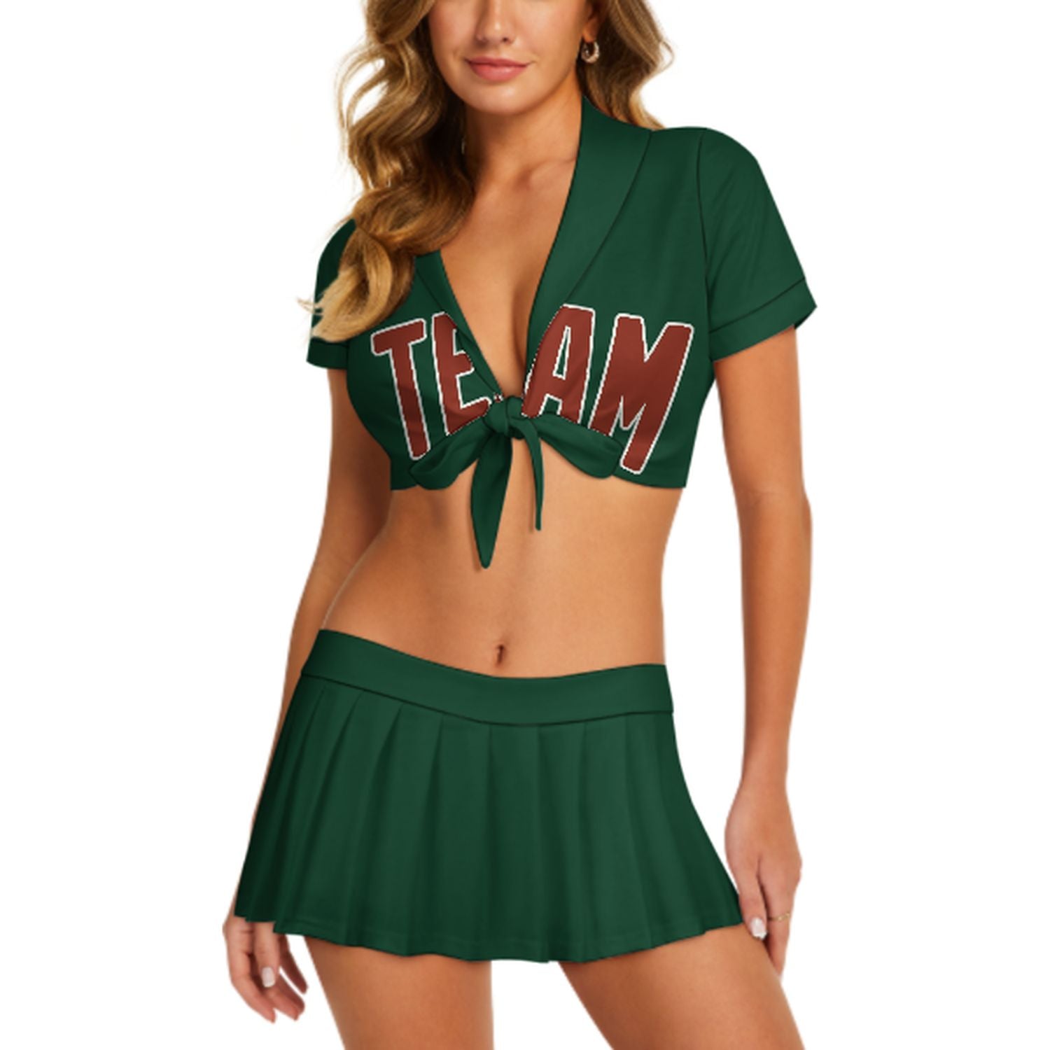 Completo da cheerleader personalizzato verde muschio e rosso corallo